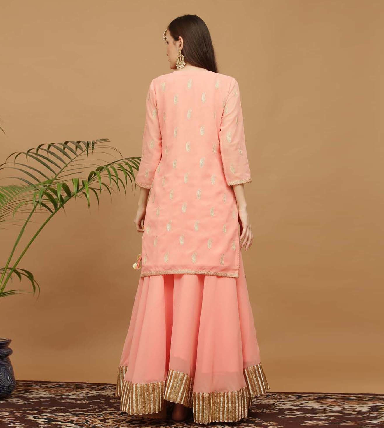 Kaanchie Nanggia Peach Embroidery Georgette Kurta with Skirt & Dupatta(Set of 3)