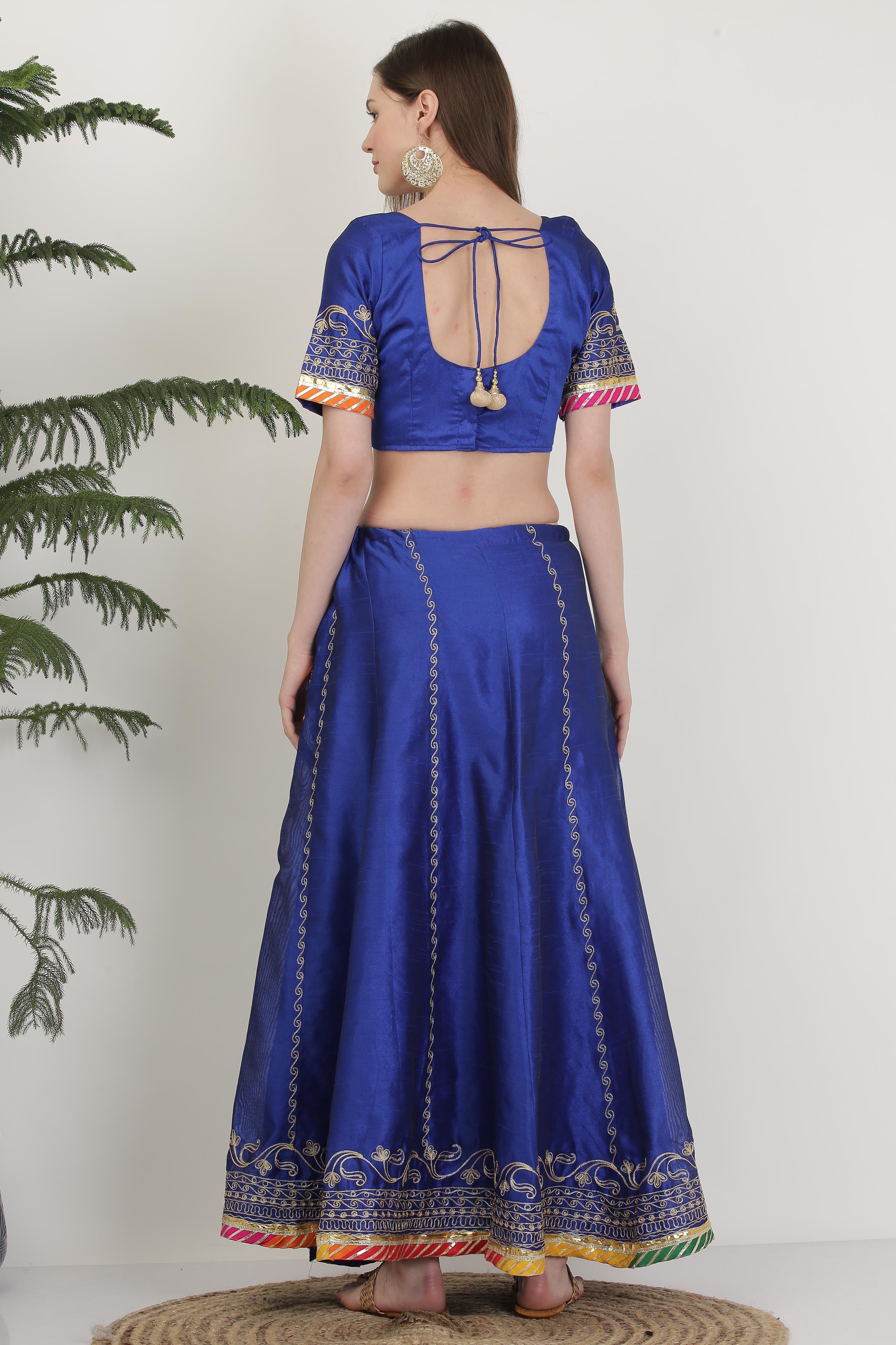 Kaanchie Nanggia Poly Silk Blue Embroidery Lehenga (Set of 3)