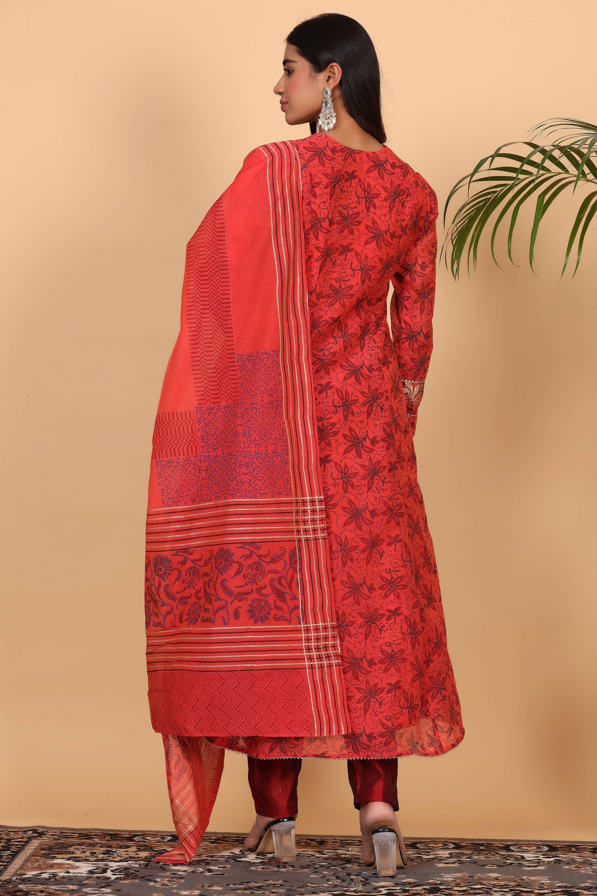 Kaanchie Nanggia Red Chanderi Kalidar Printed Kurta Dupatta with Pants (Set of 3)