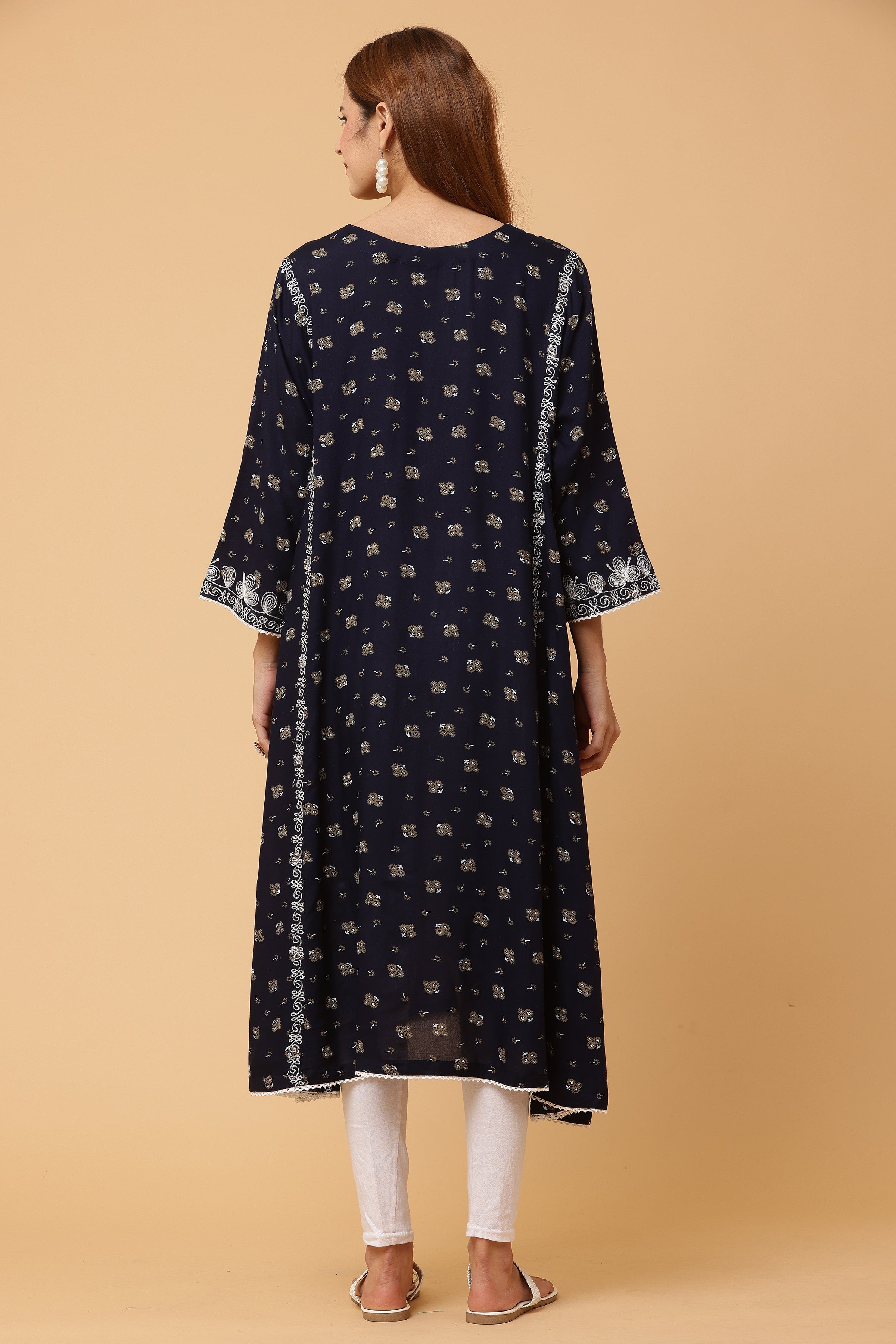 Kaanchie Nanggia Navy Blue Embroidered Flared Kurta with Leggings (Set of 2)