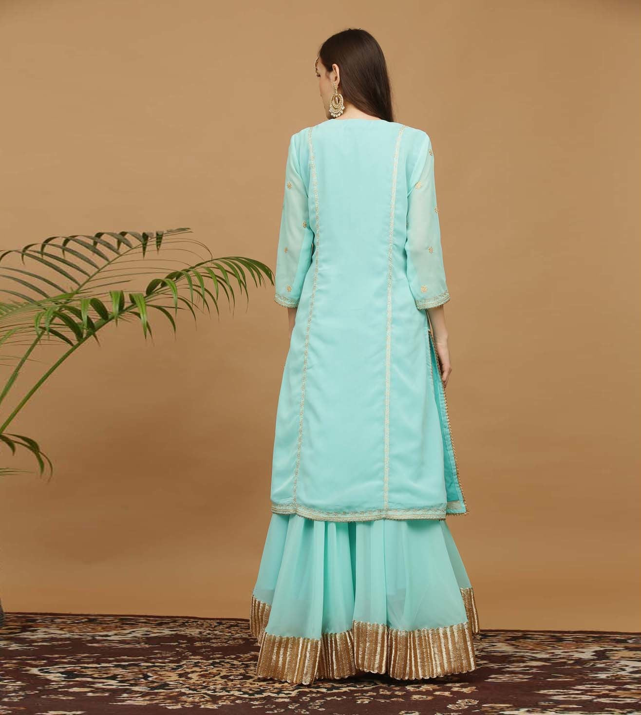 Kaanchie Nanggia Turquoise Embroidery Georgette Kurta with Skirt & Dupatta(Set of 3)