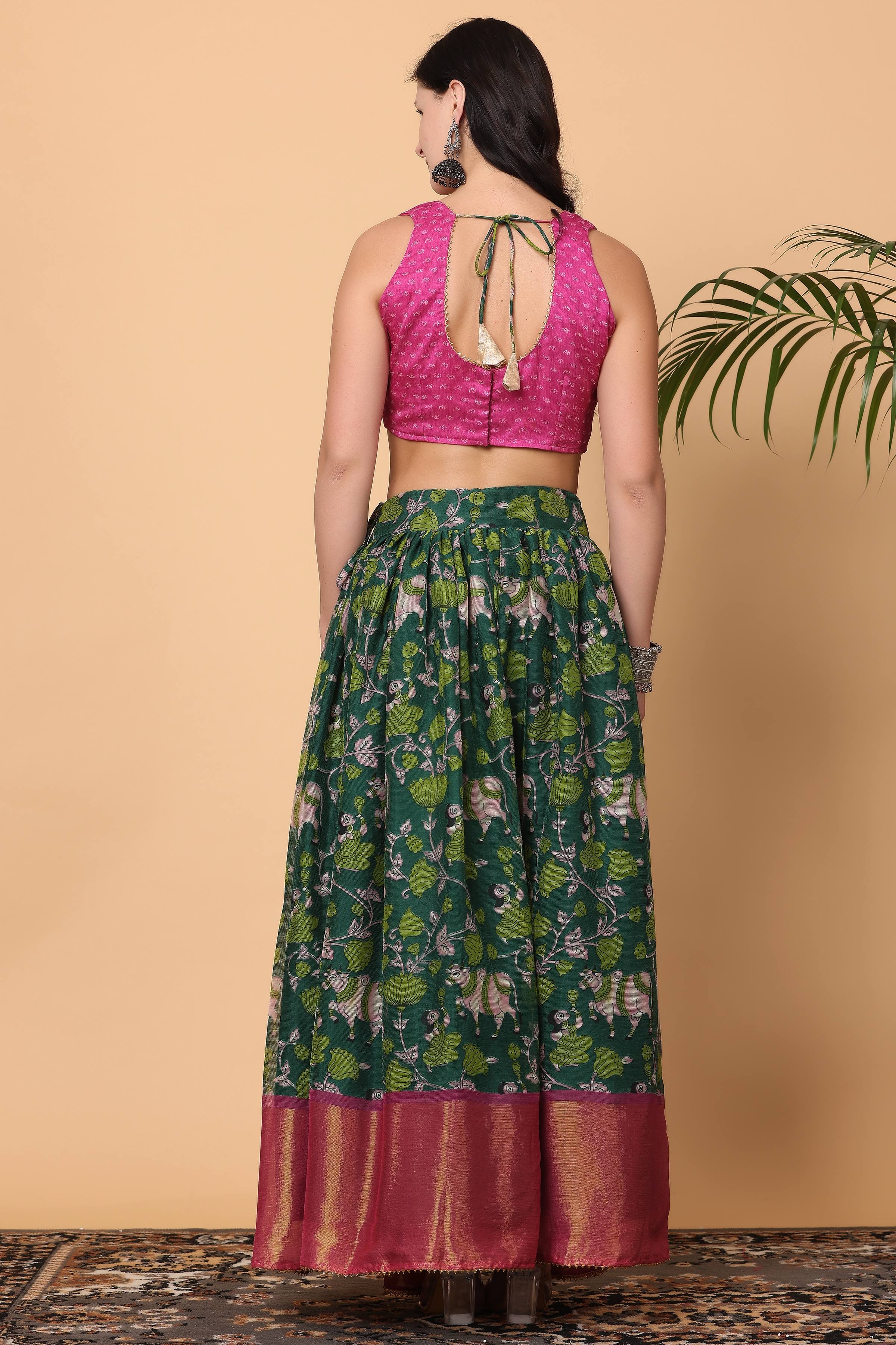 Kaanchie Nanggia Pink Green Lehenga with Blouse and Dupatta (Set of 3)