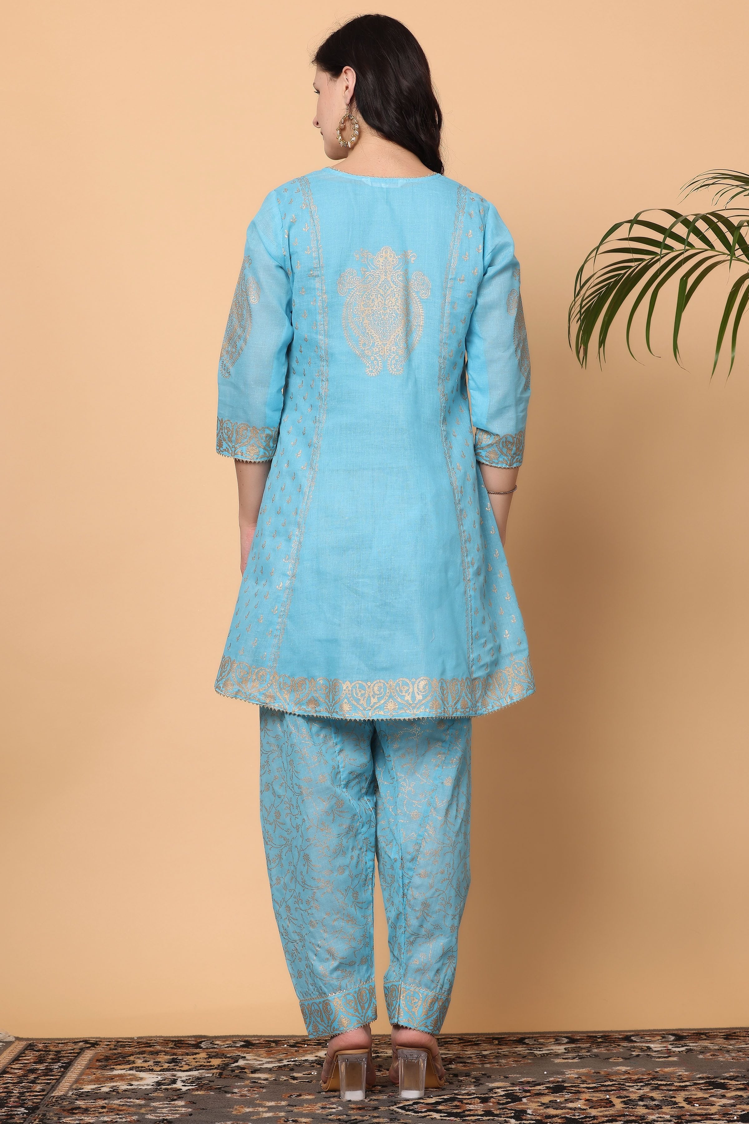 Kaanchie Nanggia Turquoise Printed Kurta Dupatta and Salwar (Set of 3)