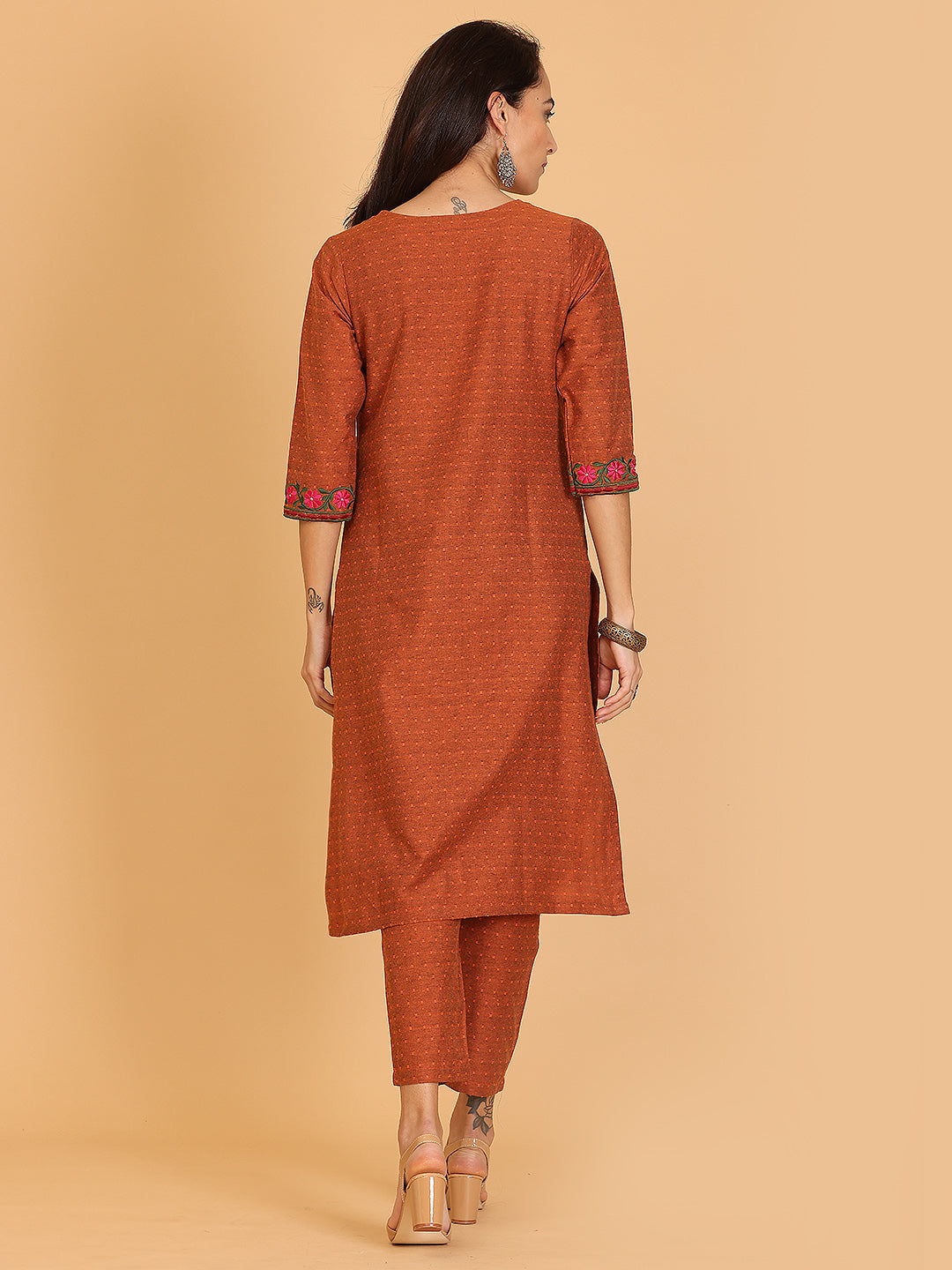 Kaanchie Nanggia Brown Embroidered A-Line Kurta with Pant (Set of 2)