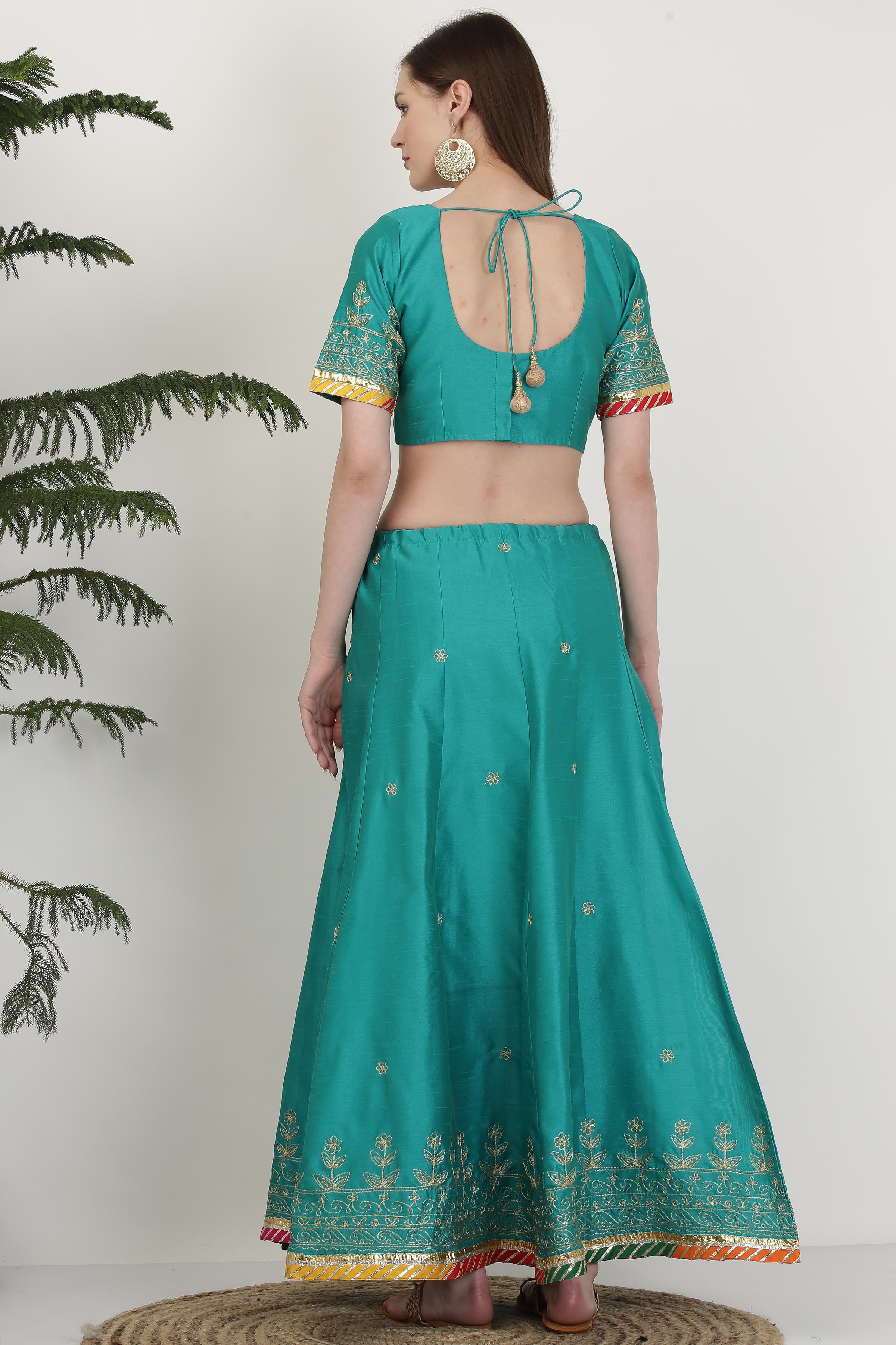 Kaanchie Nanggia Turquoise Blue Embroidered Ready to Wear Lehenga & Blouse With Dupatta (Set of 3)