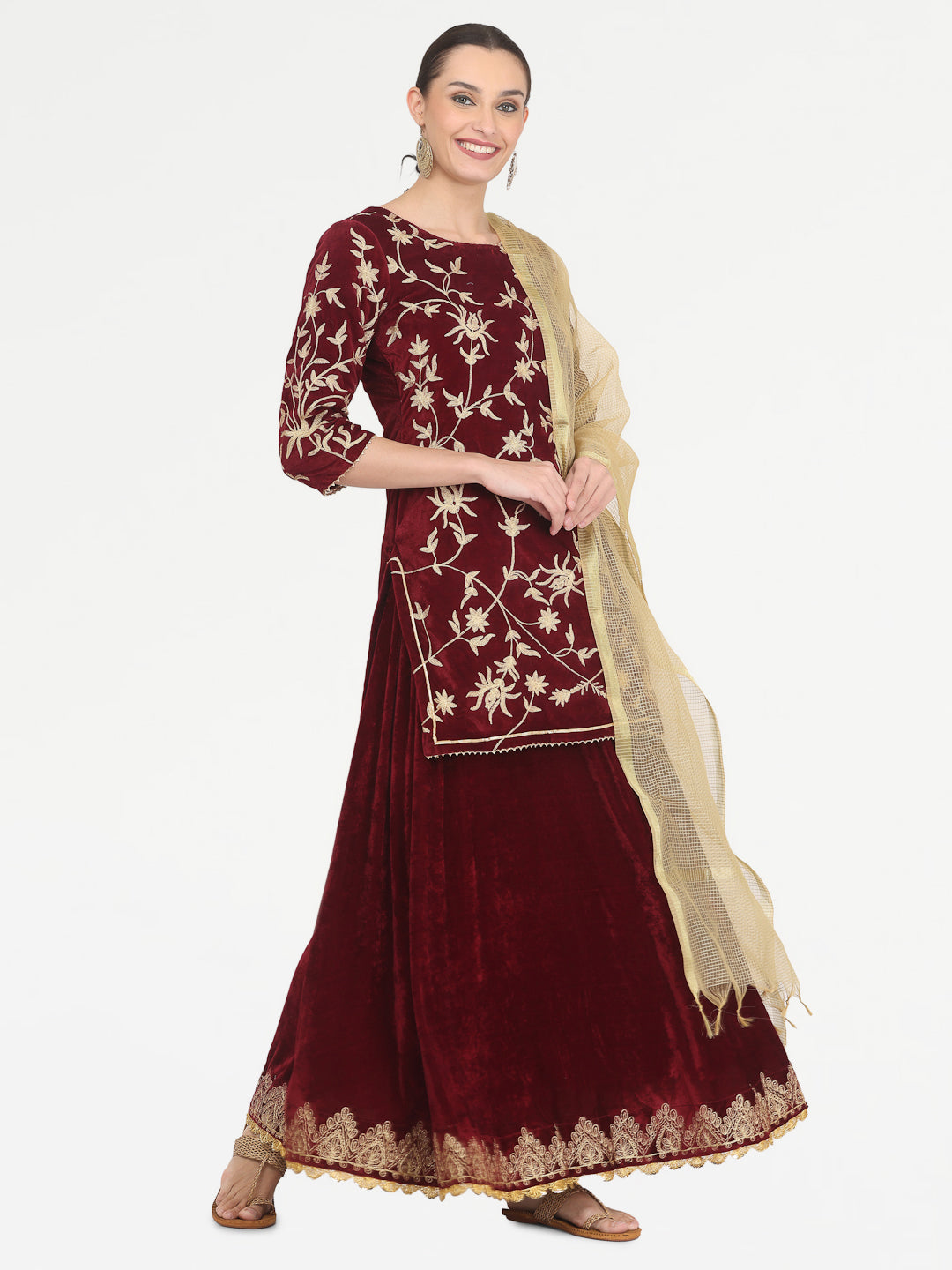 Kaanchie Nanggia Maroon Embroidered Kurta Skirt with Chanderi Dupatta (Set of 3)
