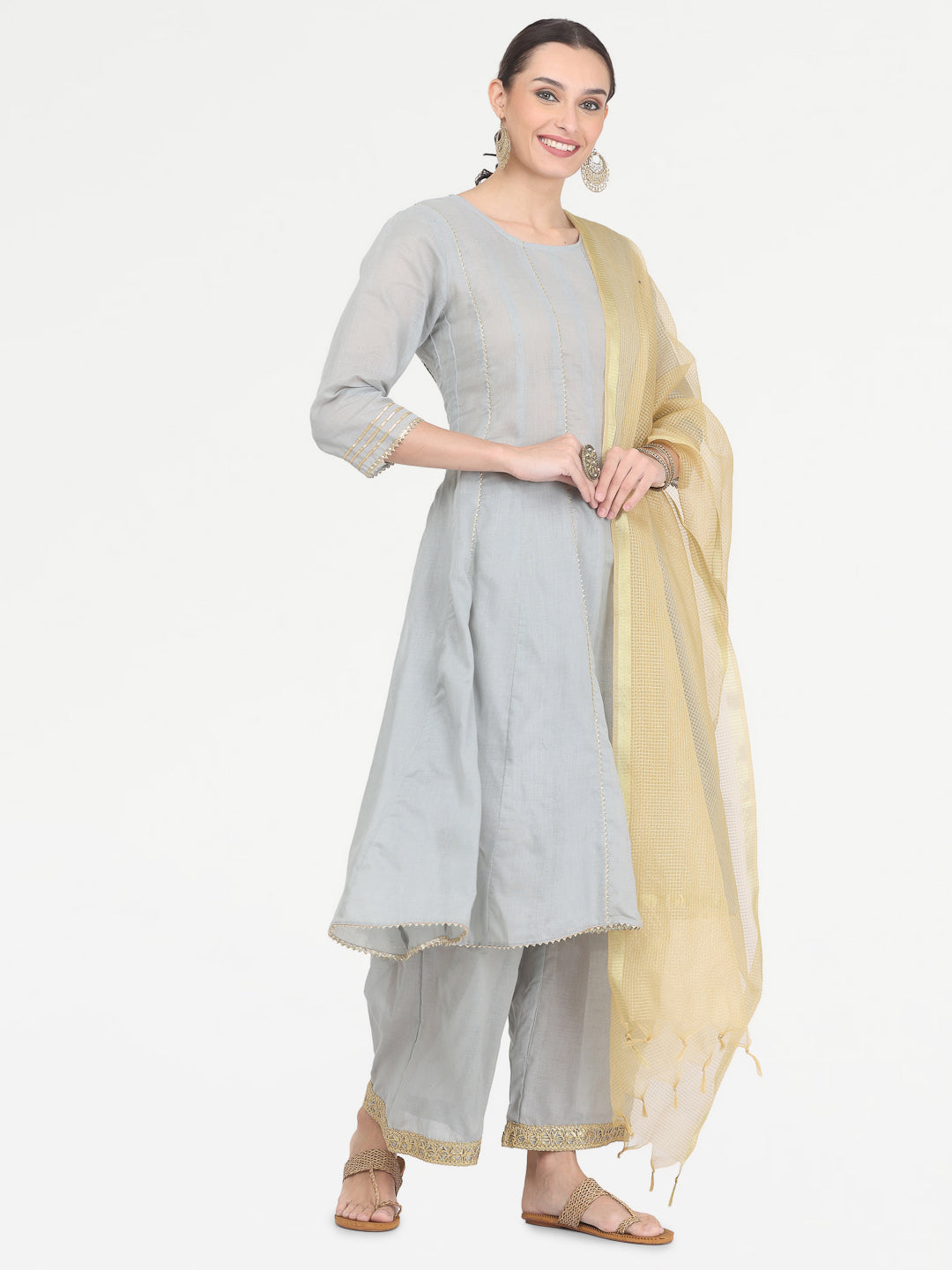 Kaanchie Nanggia Grey Gota Work Kurta Palazzo with Dupatta (Set of 3)