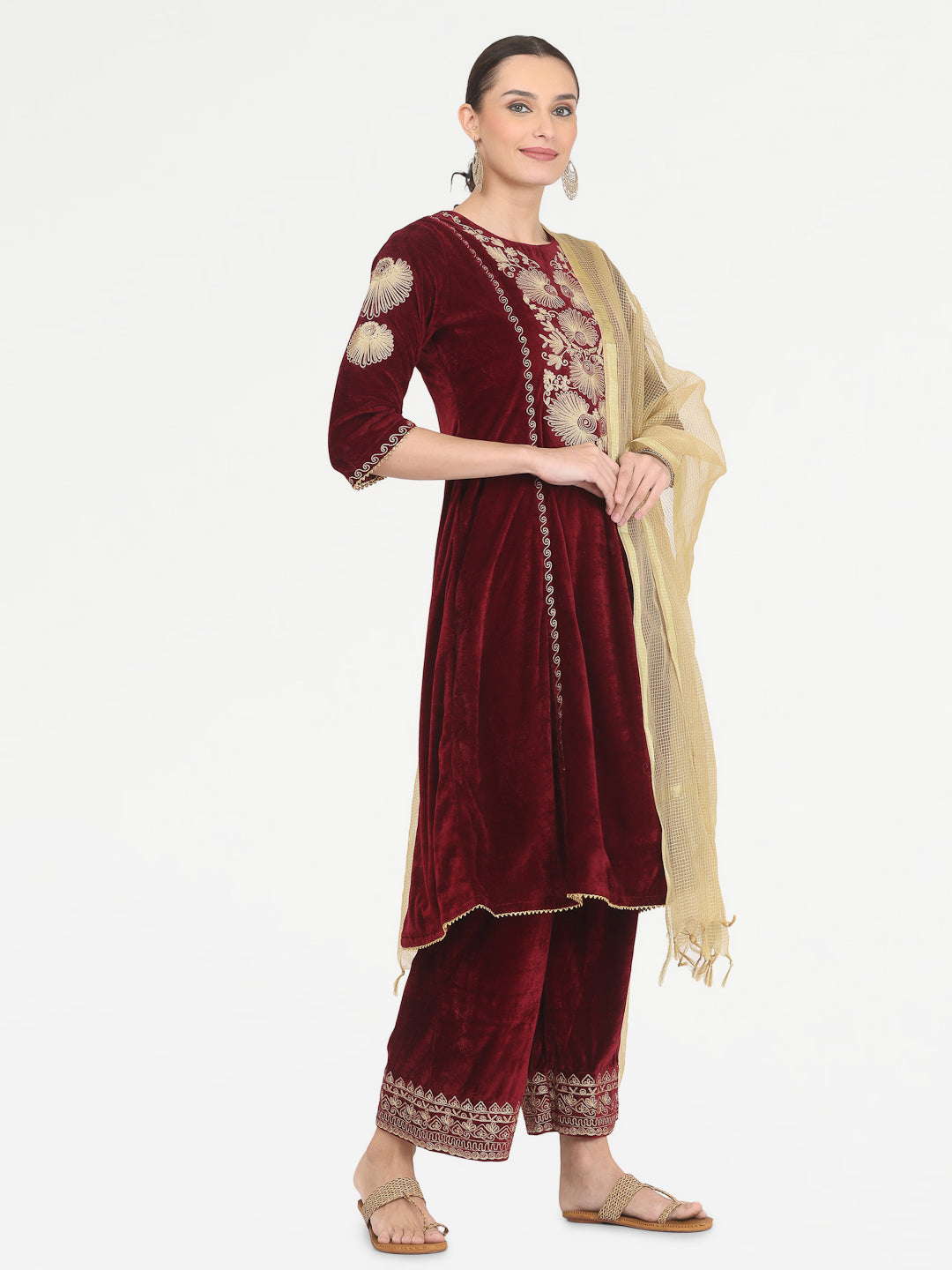 Kaanchie Nanggia Maroon Embroidered Kurta Palazzo with Chanderi Dupatta (Set of 3)