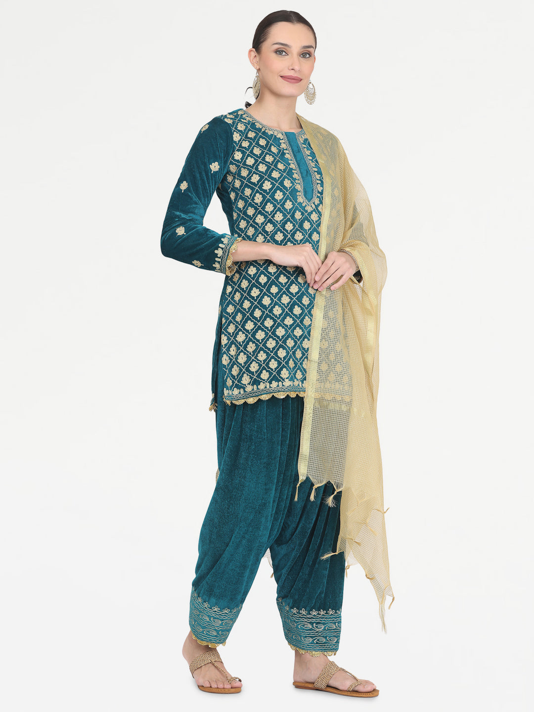 Kaanchie Nanggia Teal Green Embroidered Kurta Salwar with Chanderi Dupatta (Set of 3)