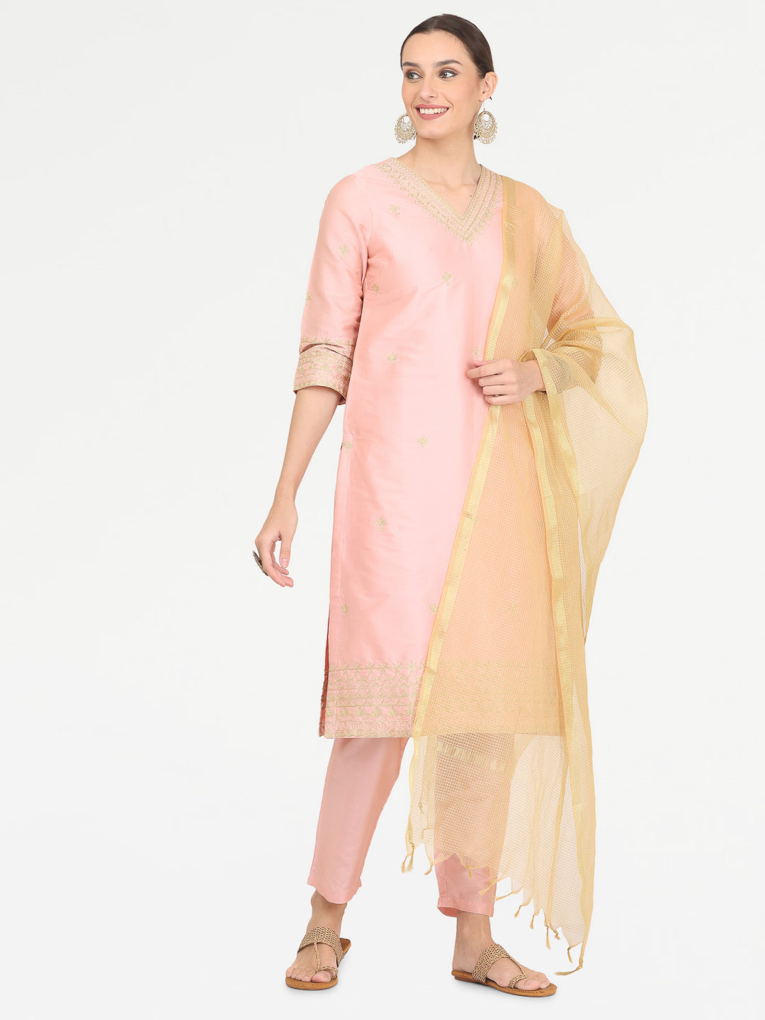 Kaanchie Nanggia Peach Taffeta Embroidered Kurta Pant with Dupatta (Set of 3)