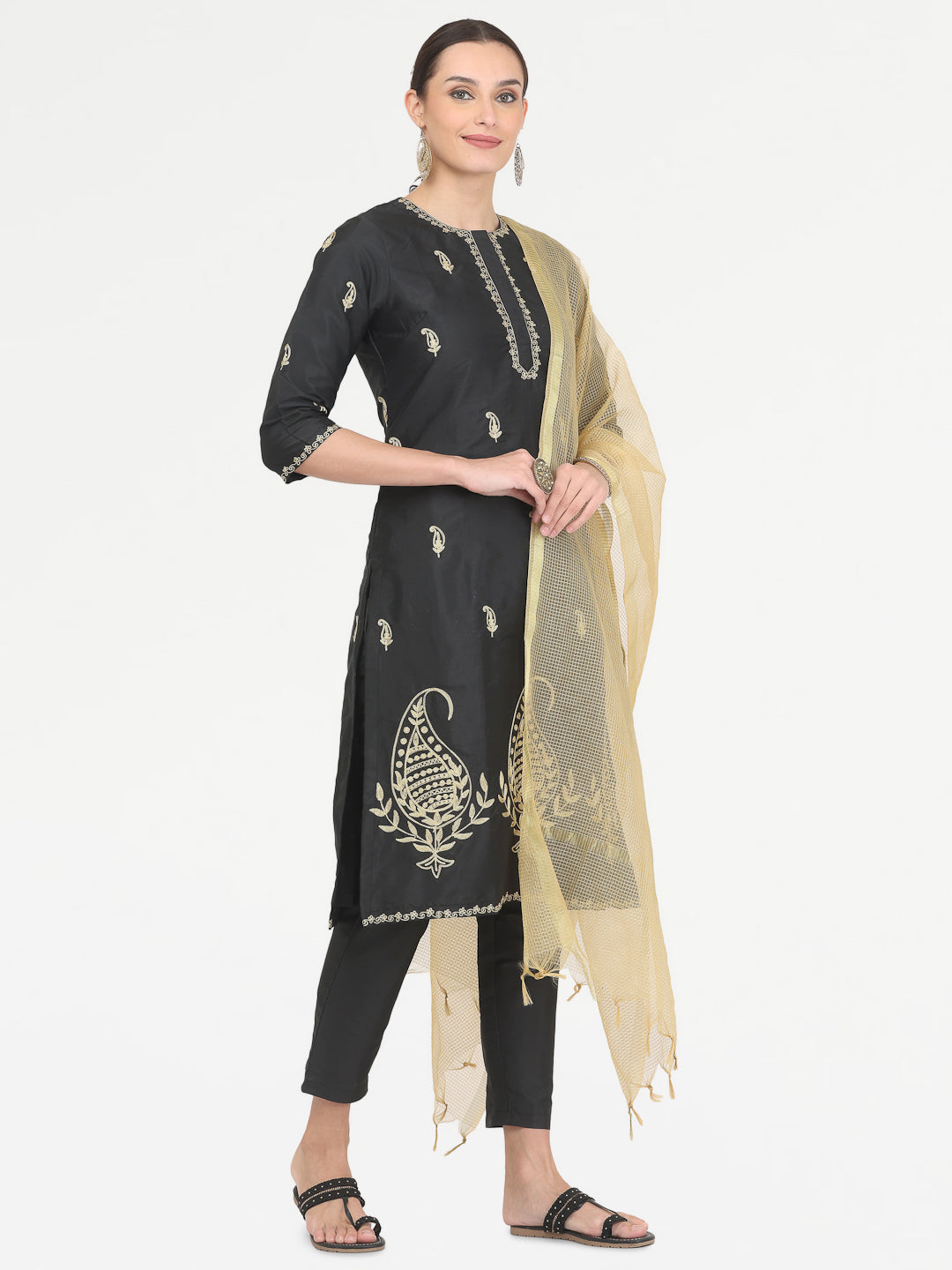 Kaanchie Nanggia Black Taffeta Embroidered Kurta Pant with Dupatta (Set of 3)
