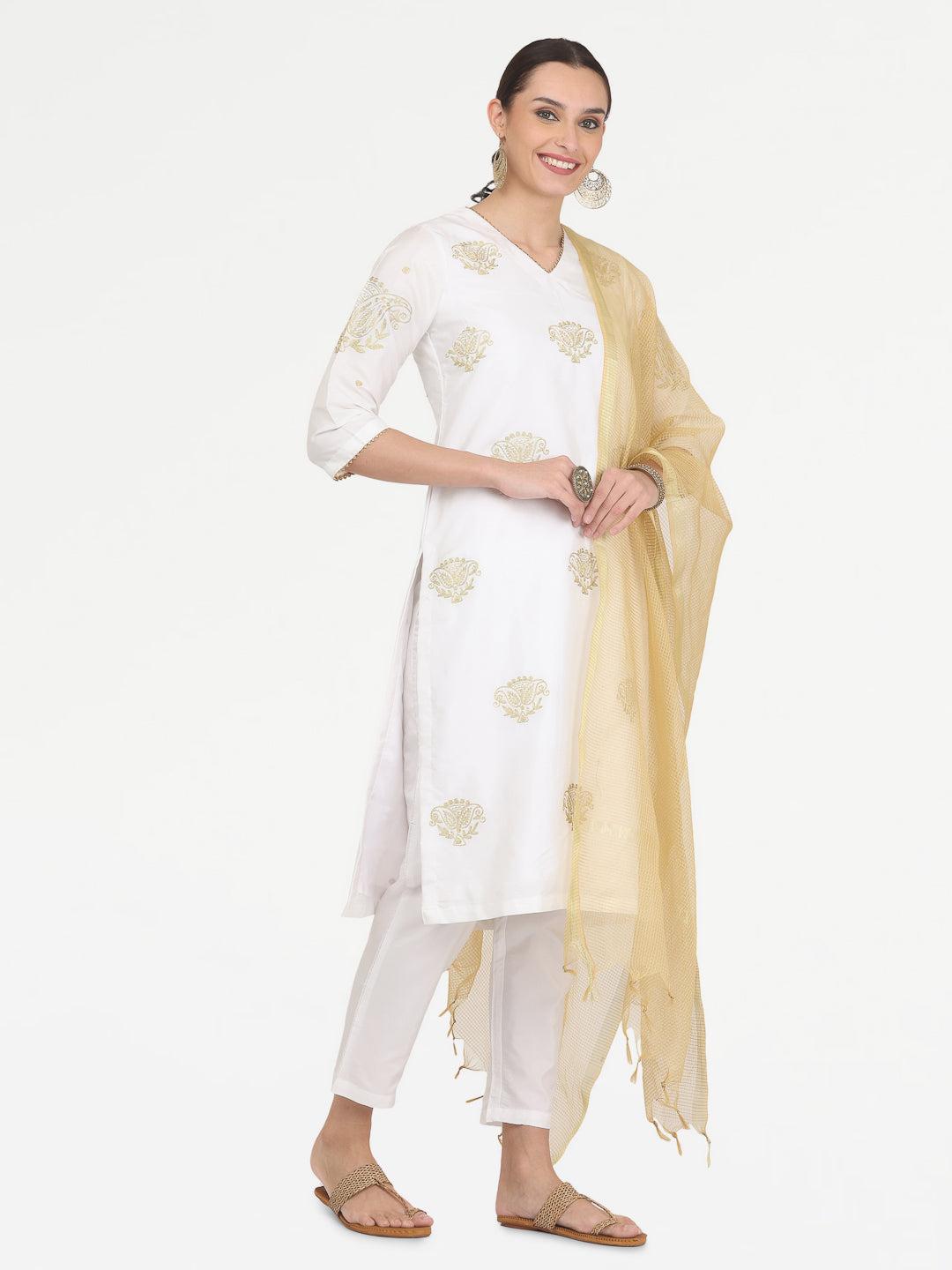 Kaanchie Nanggia White Taffeta Embroidered Kurta Pant with Dupatta (Set of 3)