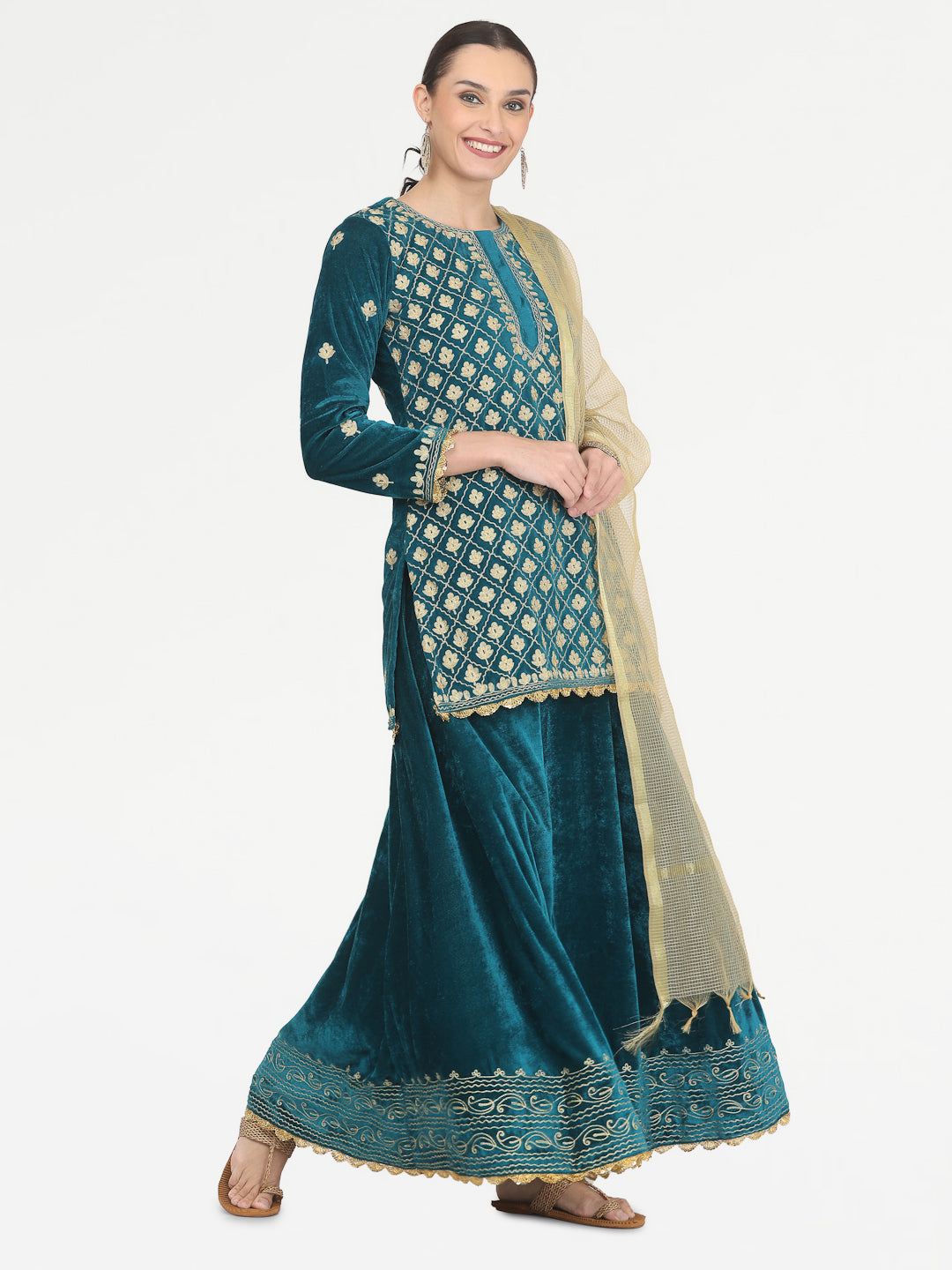 Kaanchie Nanggia Teal Green Embroidered Kurta Skirt with Chanderi Dupatta (Set of 3)