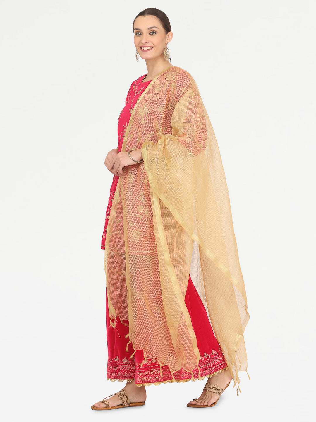 Kaanchie Nanggia Pink Velvet Embroidered Kurta Skirt with Dupatta (Set of 3)