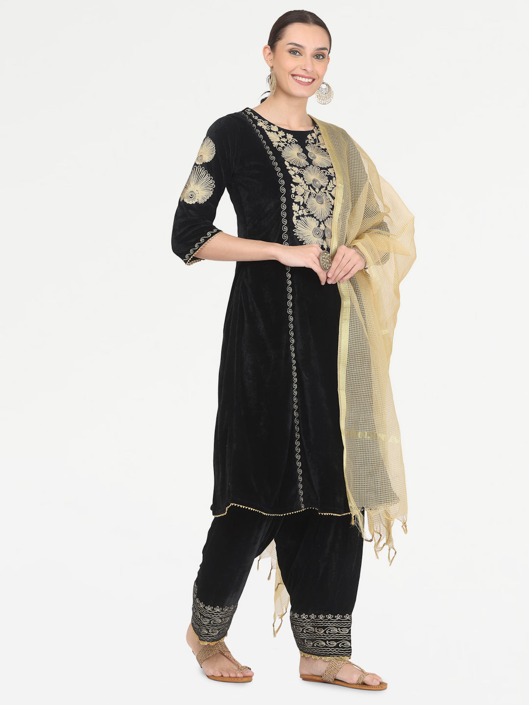 Kaanchie Nanggia Black Embroidered Kurta Salwar with Chanderi Dupatta (Set of 3)