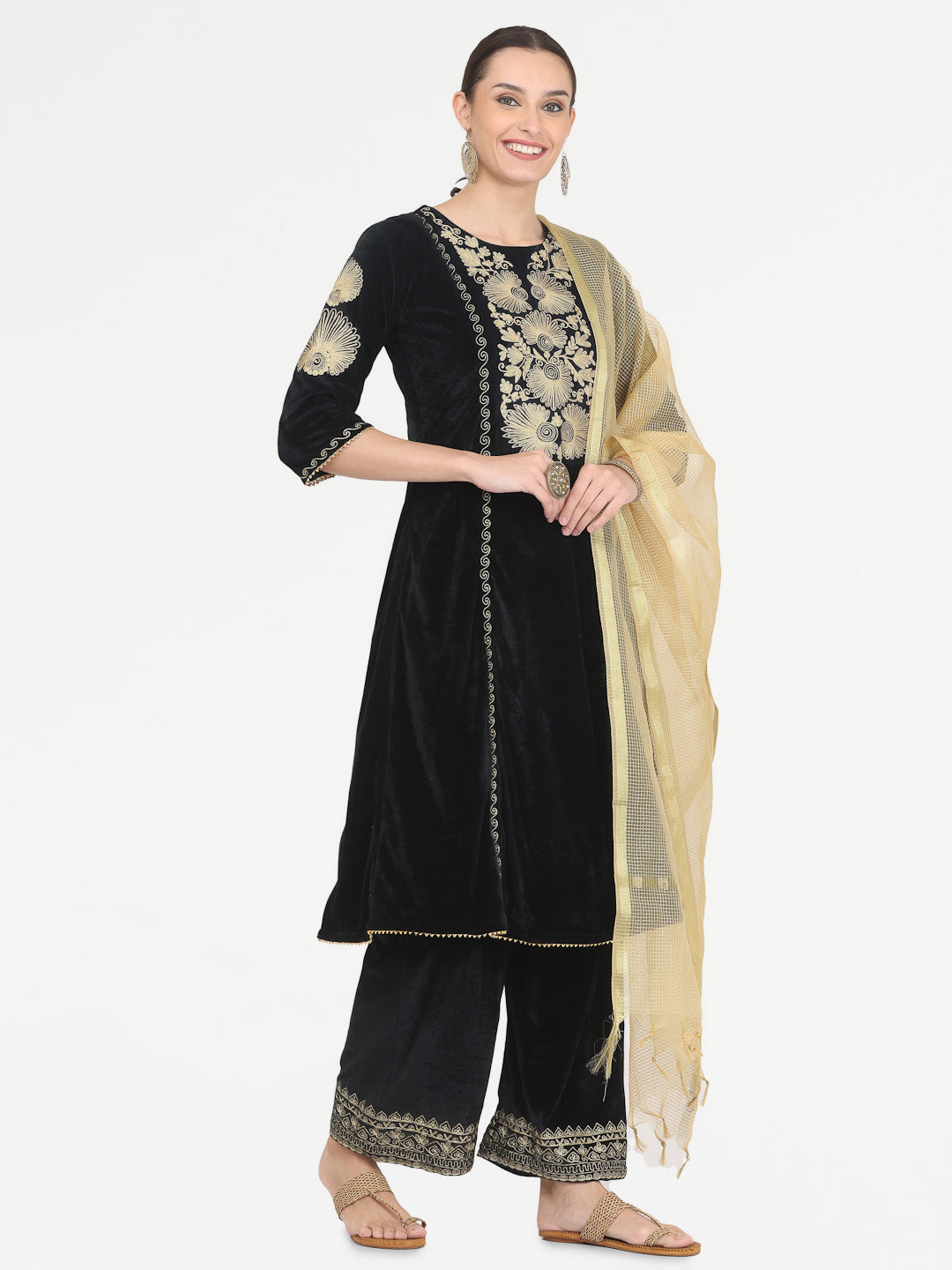 Kaanchie Nanggia Black Embroidered Kurta Palazzo with Chanderi Dupatta (Set of 3)