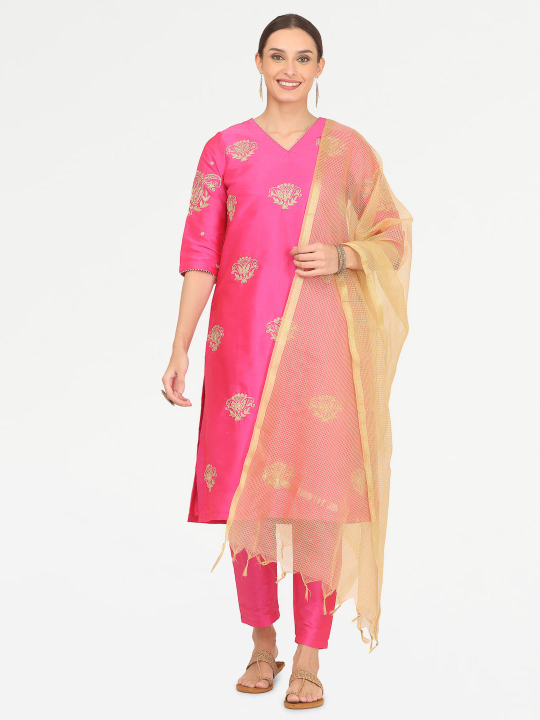 Kaanchie Nanggia Pink Taffeta Embroidered Kurta Pant with Dupatta (Set of 3)