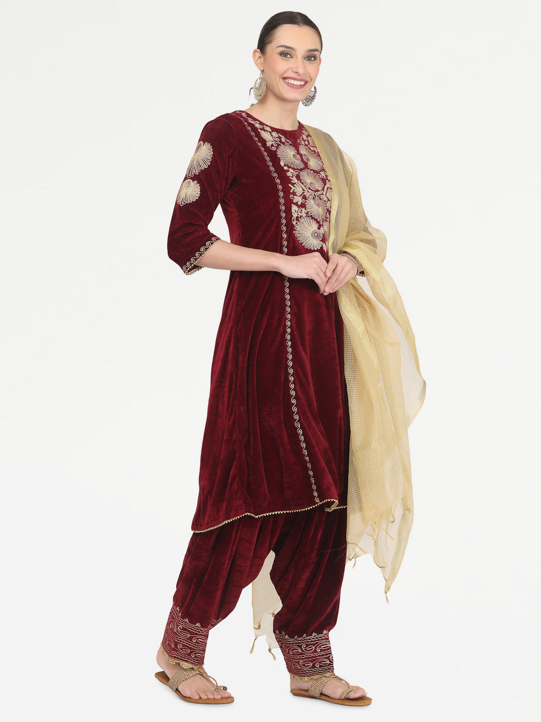 Kaanchie Nanggia Maroon Embroidered Kurta Salwar with Chanderi Dupatta (Set of 3)