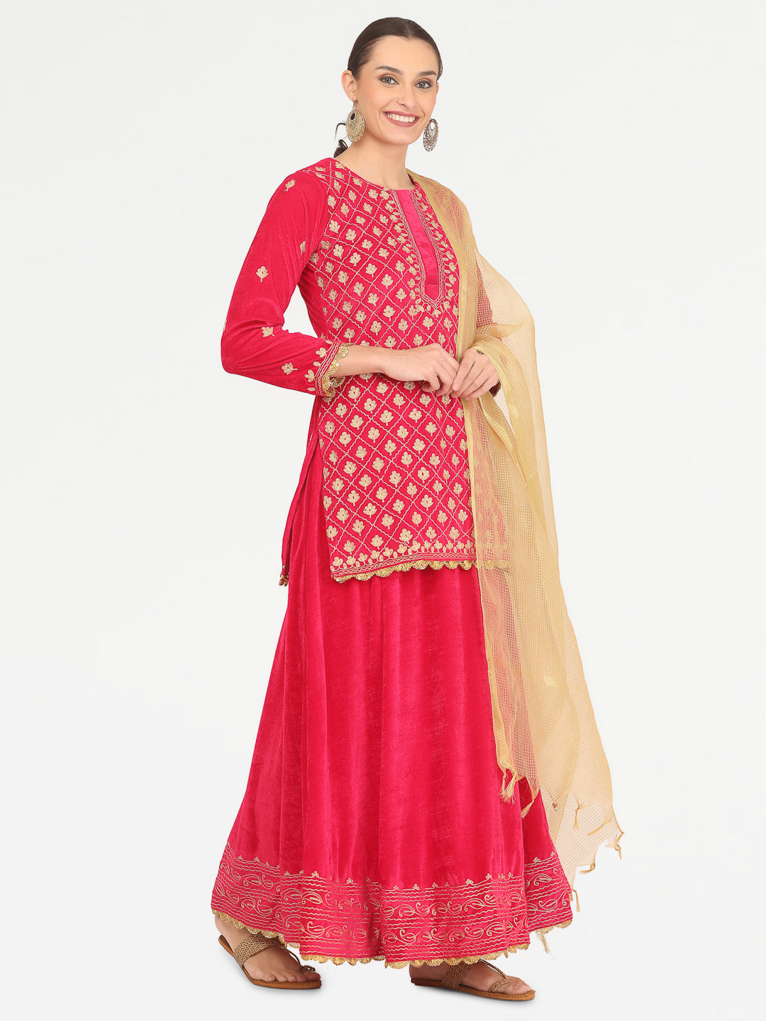 Kaanchie Nanggia Pink Embroidered Kurta Skirt with Chanderi Dupatta (Set of 3)