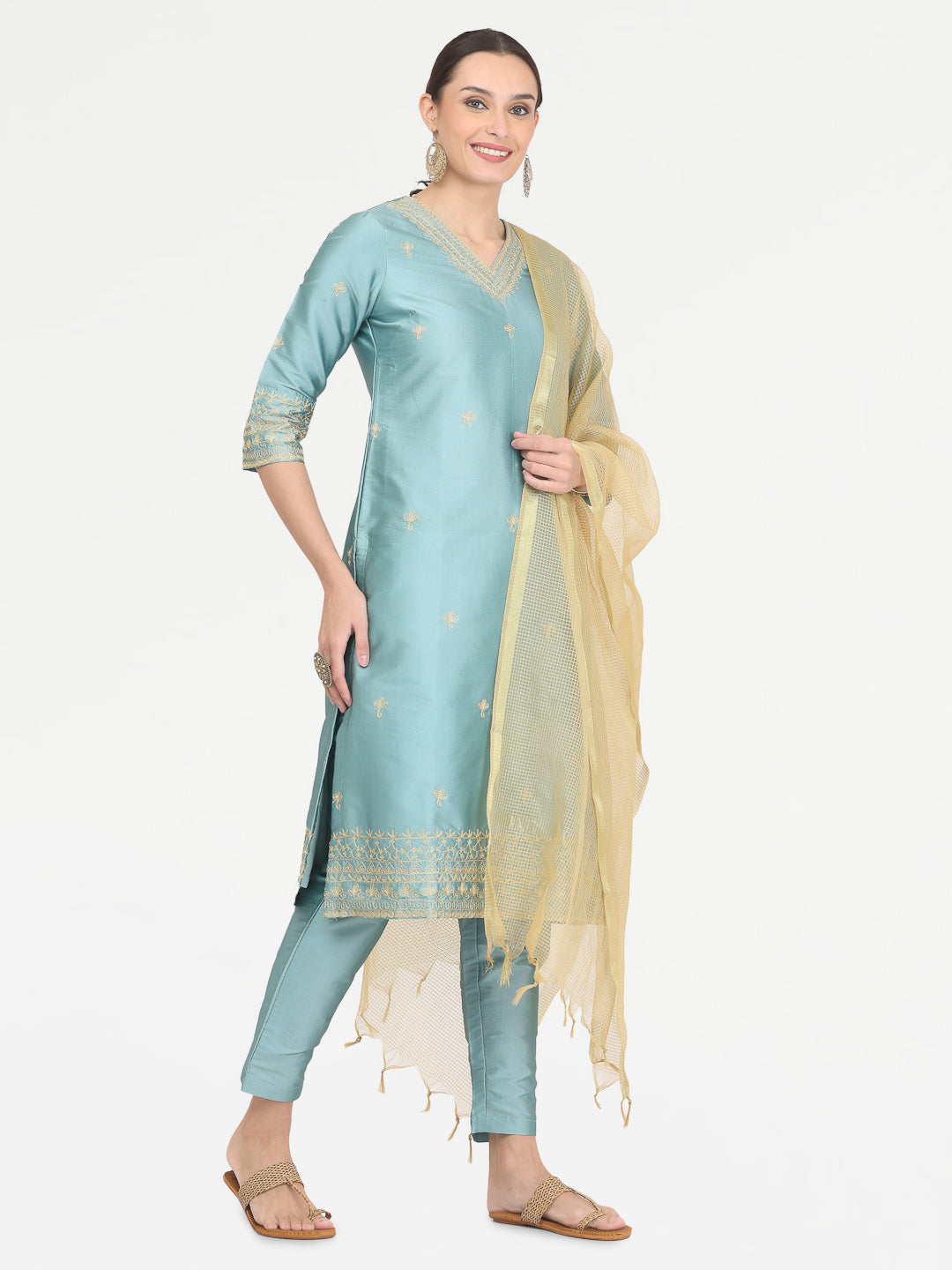 Kaanchie Nanggia Blue Taffeta Embroidered Kurta Pant with Dupatta (Set of 3)