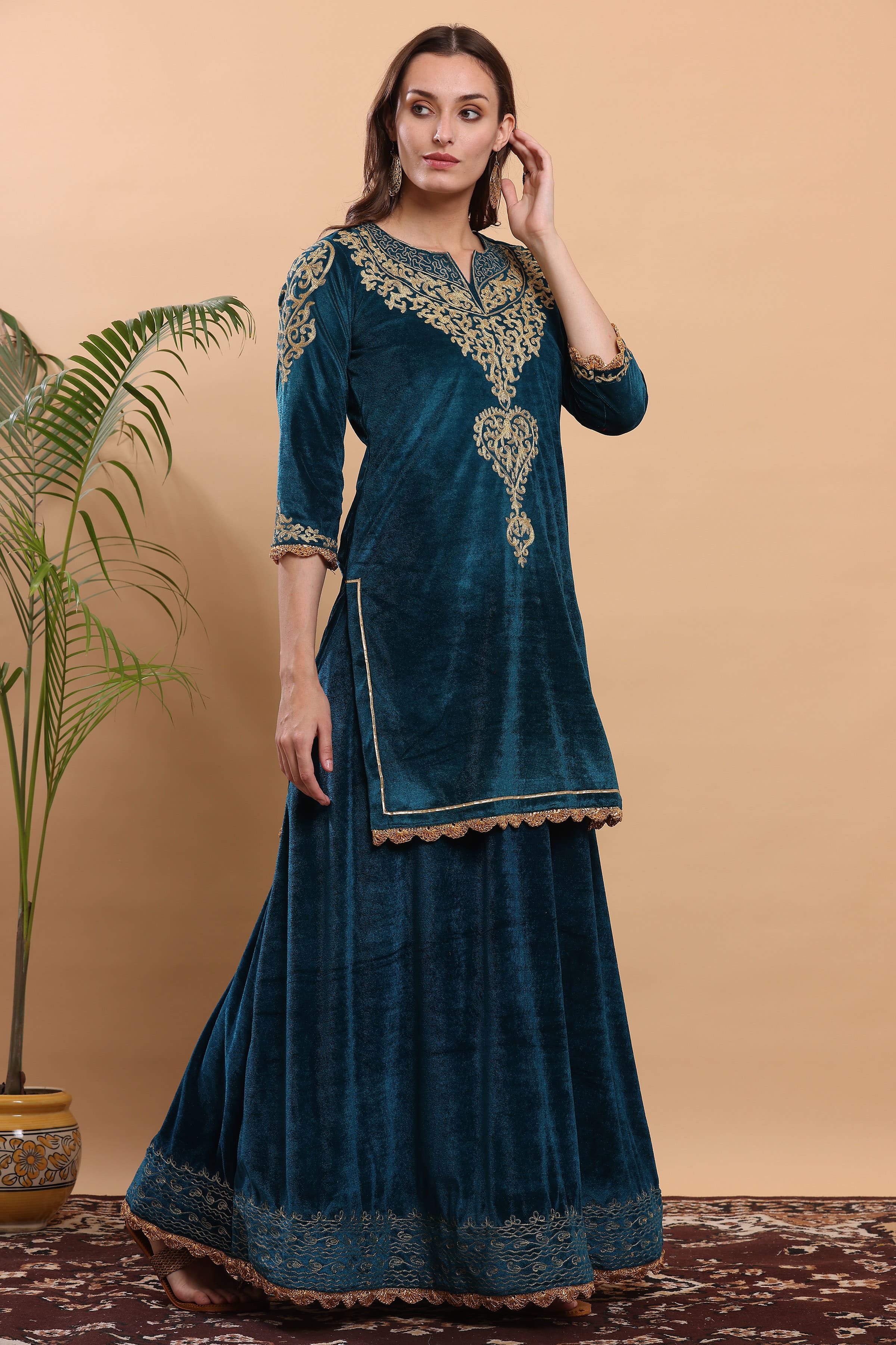 Kaanchie Nanggia Teal Green Embroidered Kurta Lehenga (Set of 2)