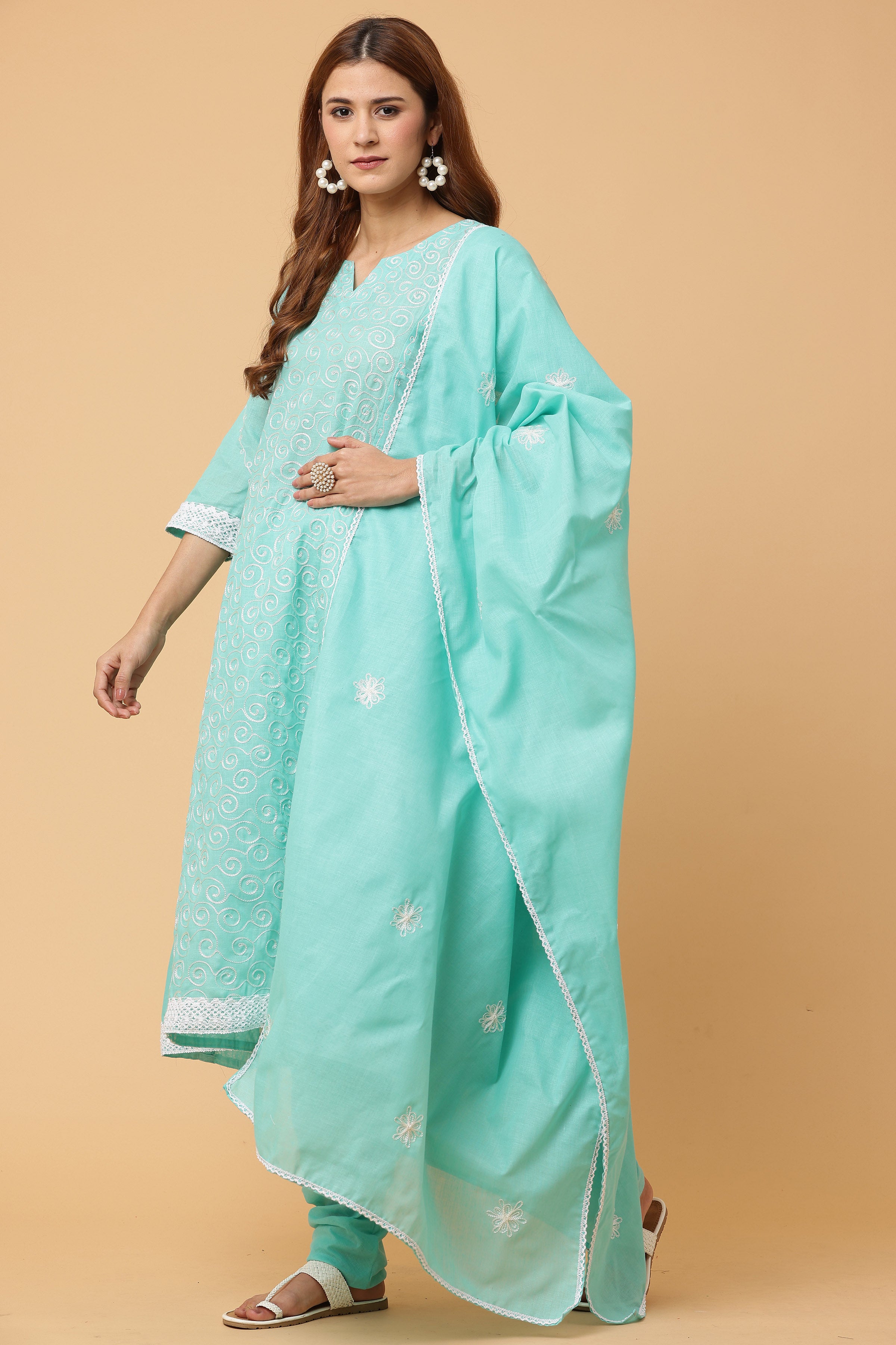Kaanchie Nanggia Turquoise Kalidar Embroidered Kurta Chudidar with Dupatta (Set of 3)