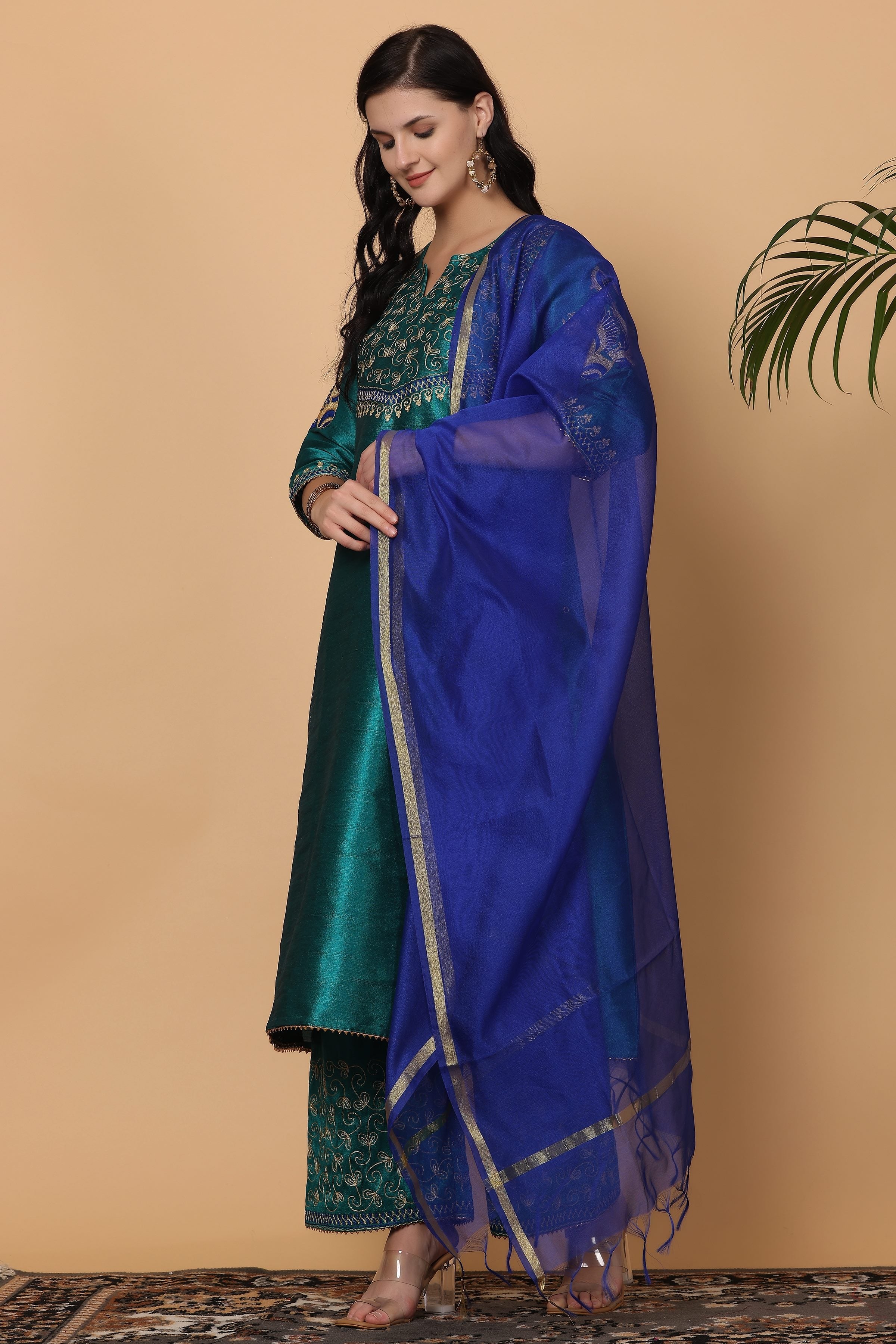 Kaanchie Nanggia Teal Green Embroidered Kurta Palazzo with Dupatta (Set of 3)