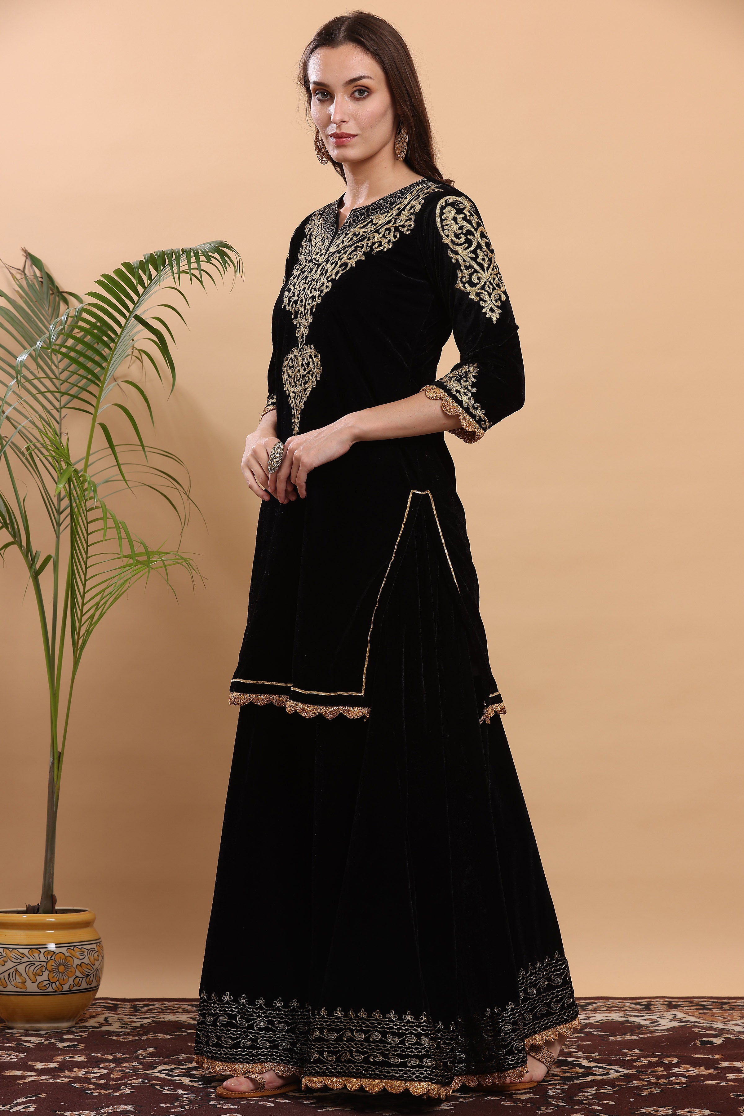 Kaanchie Nanggia Black Embroidered Kurta Lehenga (Set of 2)