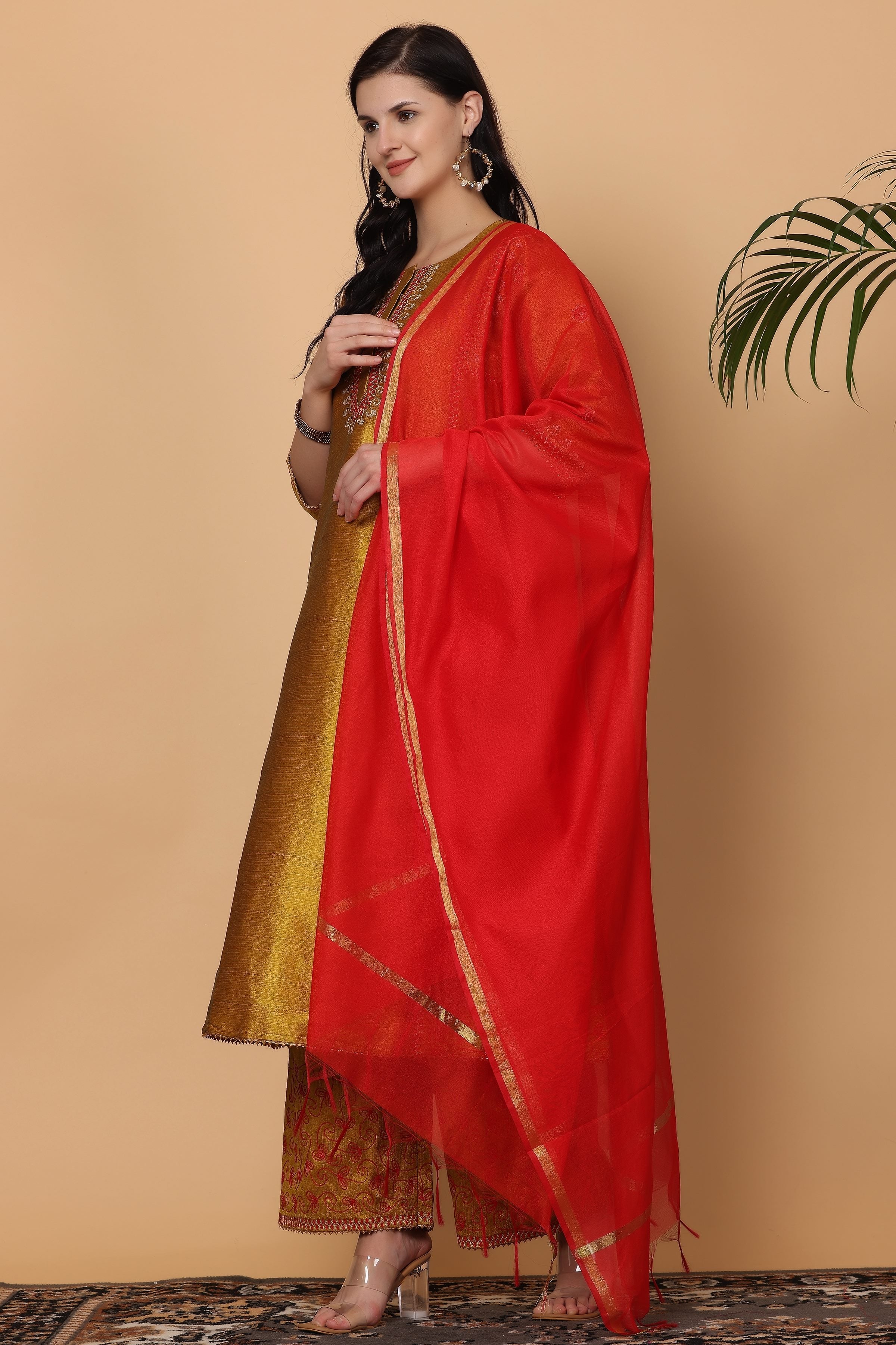 Kaanchie Nanggia Mustard Embroidered Kurta Palazzo with Dupatta (Set of 3)