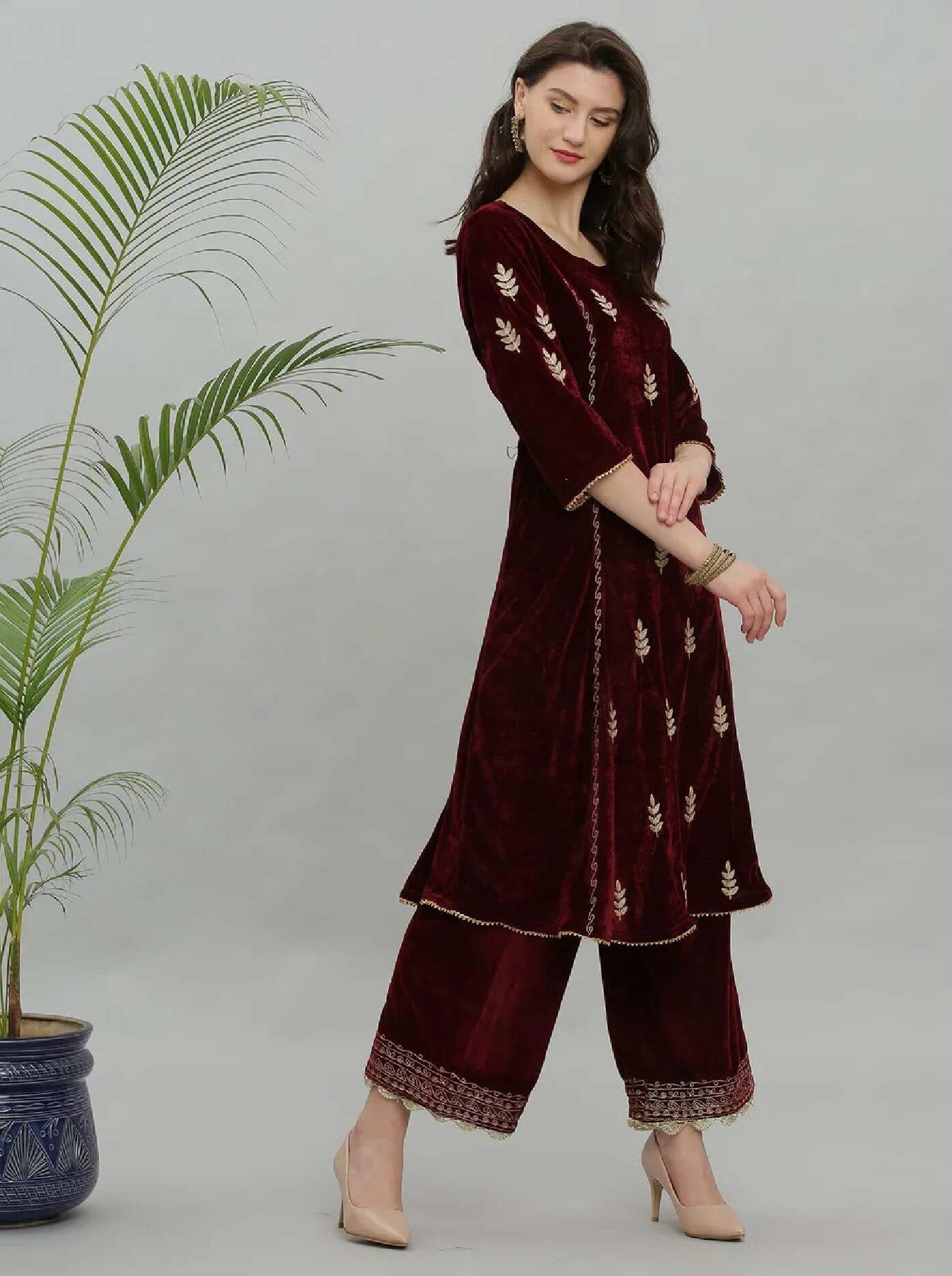 Kaanchie Nanggia Maroon Embroidery Velvet Kurta Pallazo - (Set of 2)