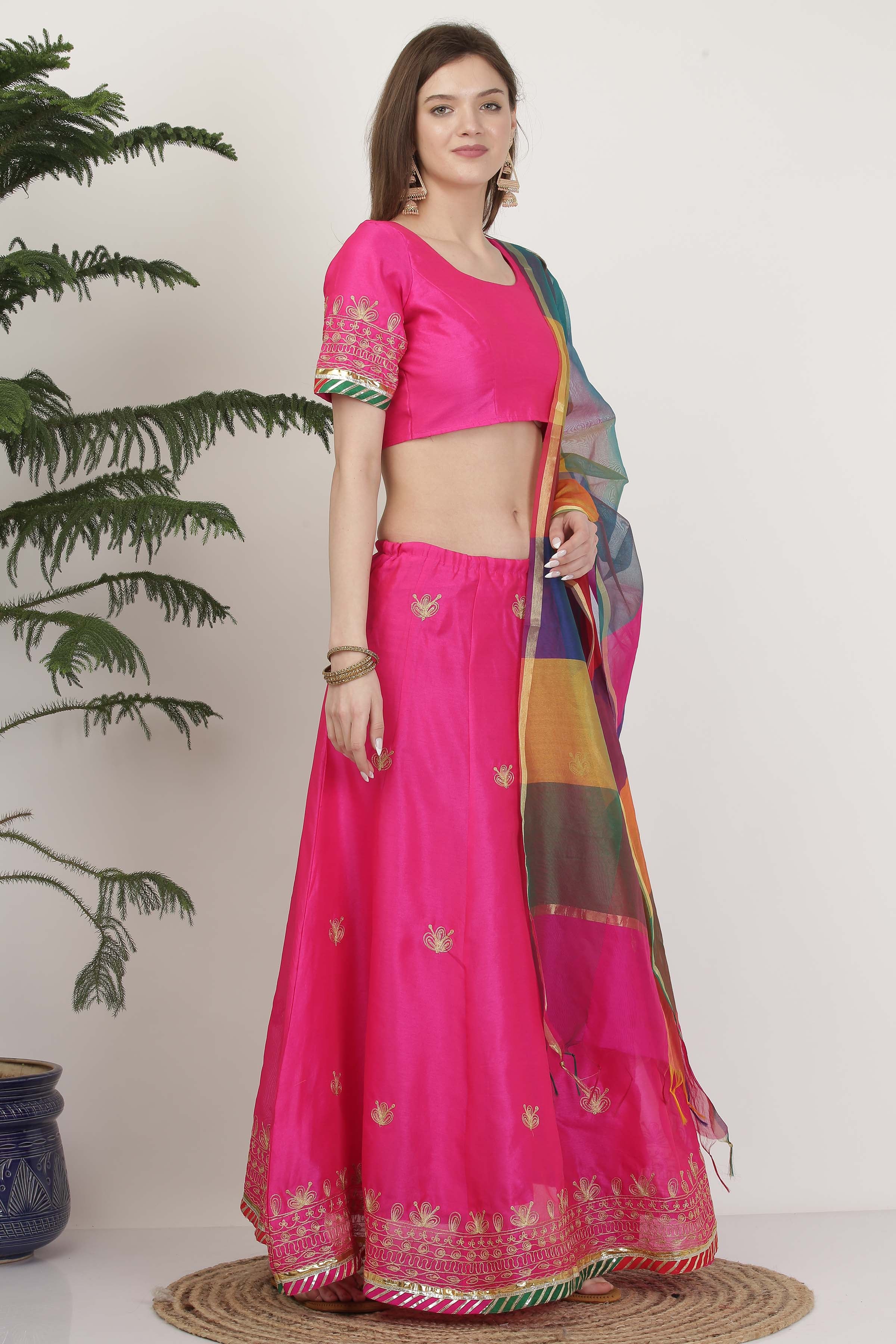 Kaanchie Nanggia Thread Work Silk Ready to Wear Lehenga & Blouse With Dupatta (Set of 3)