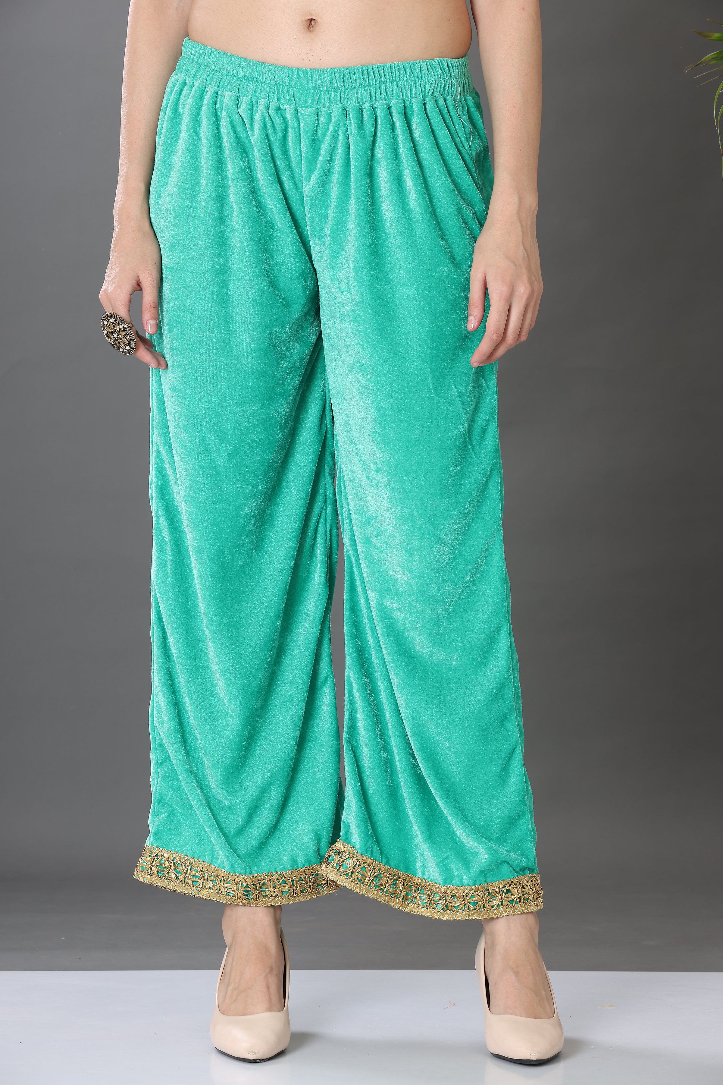 Kaanchie Nanggia Green Velvet Embroidered Kurta Palazzo and Dupatta (Set of 3)