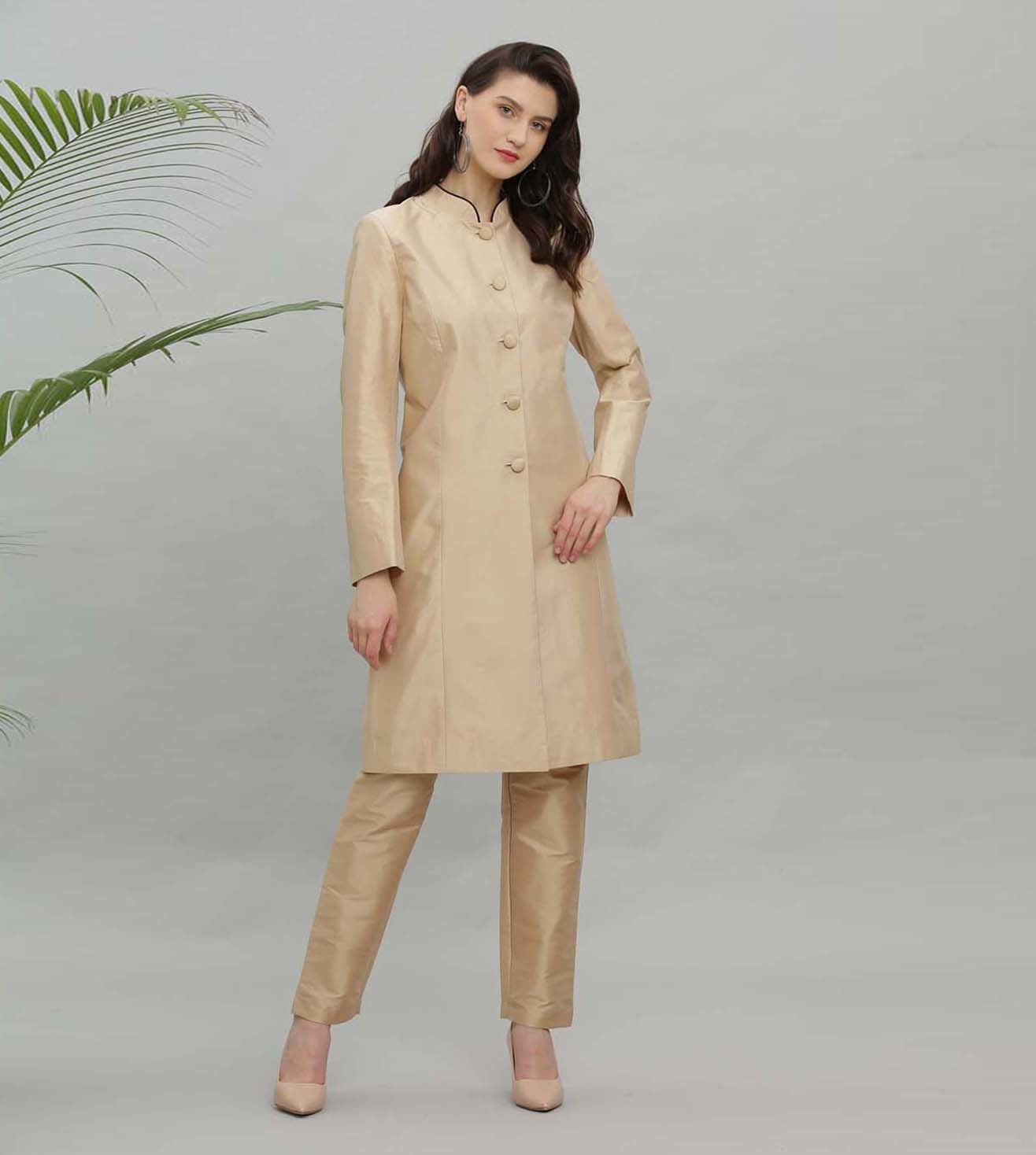 Kaanchie Nanggia Gold Solid Jacket Kurta And Pant - (Set of 2)