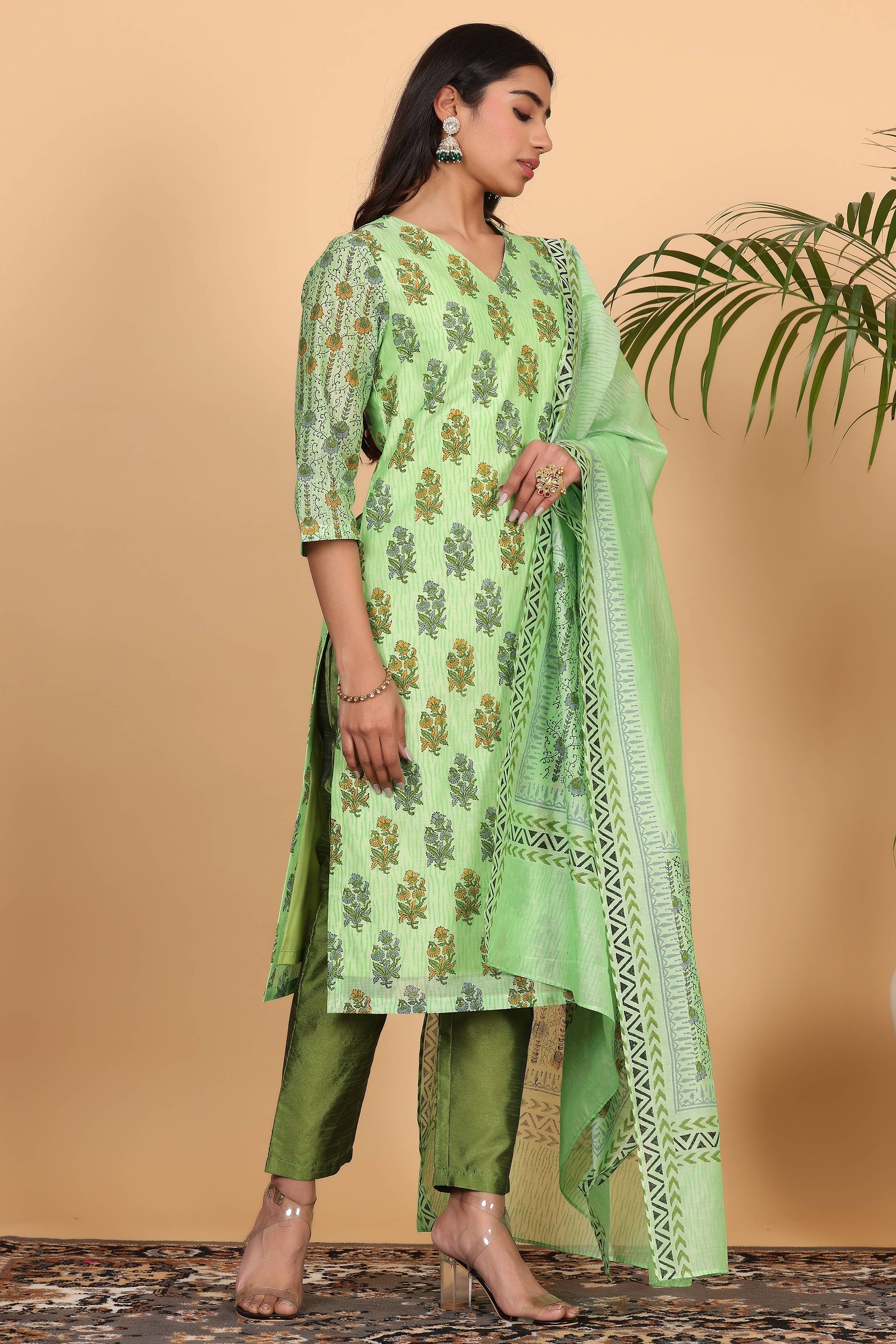 Kaanchie Nanggia Lite Green Chanderi Printed Kurta Dupatta with Pants (Set of 3)