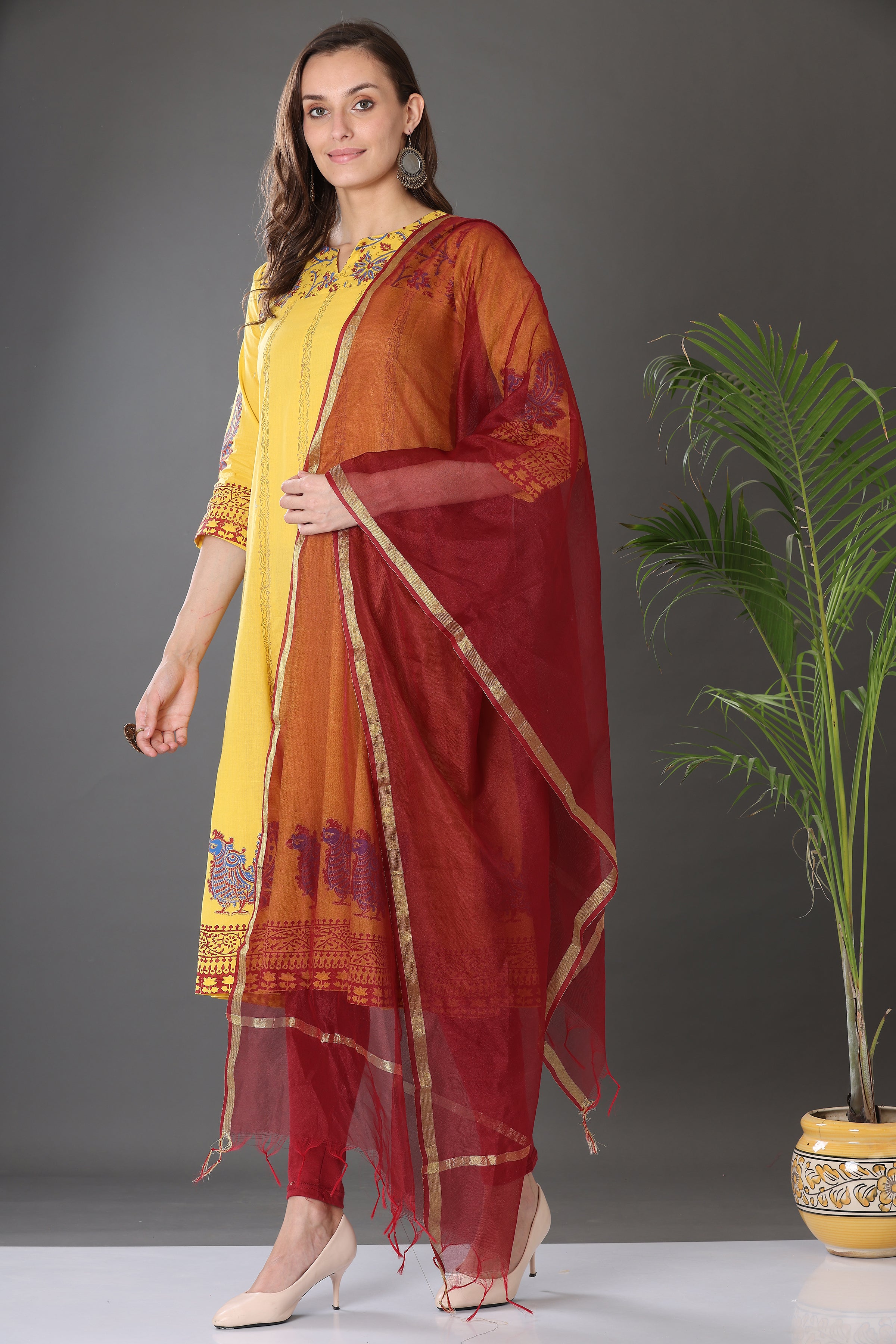 Kaanchie Nanggia Yellow Block Printed Anarkali with Leggings and Dupatta (Set of 3)