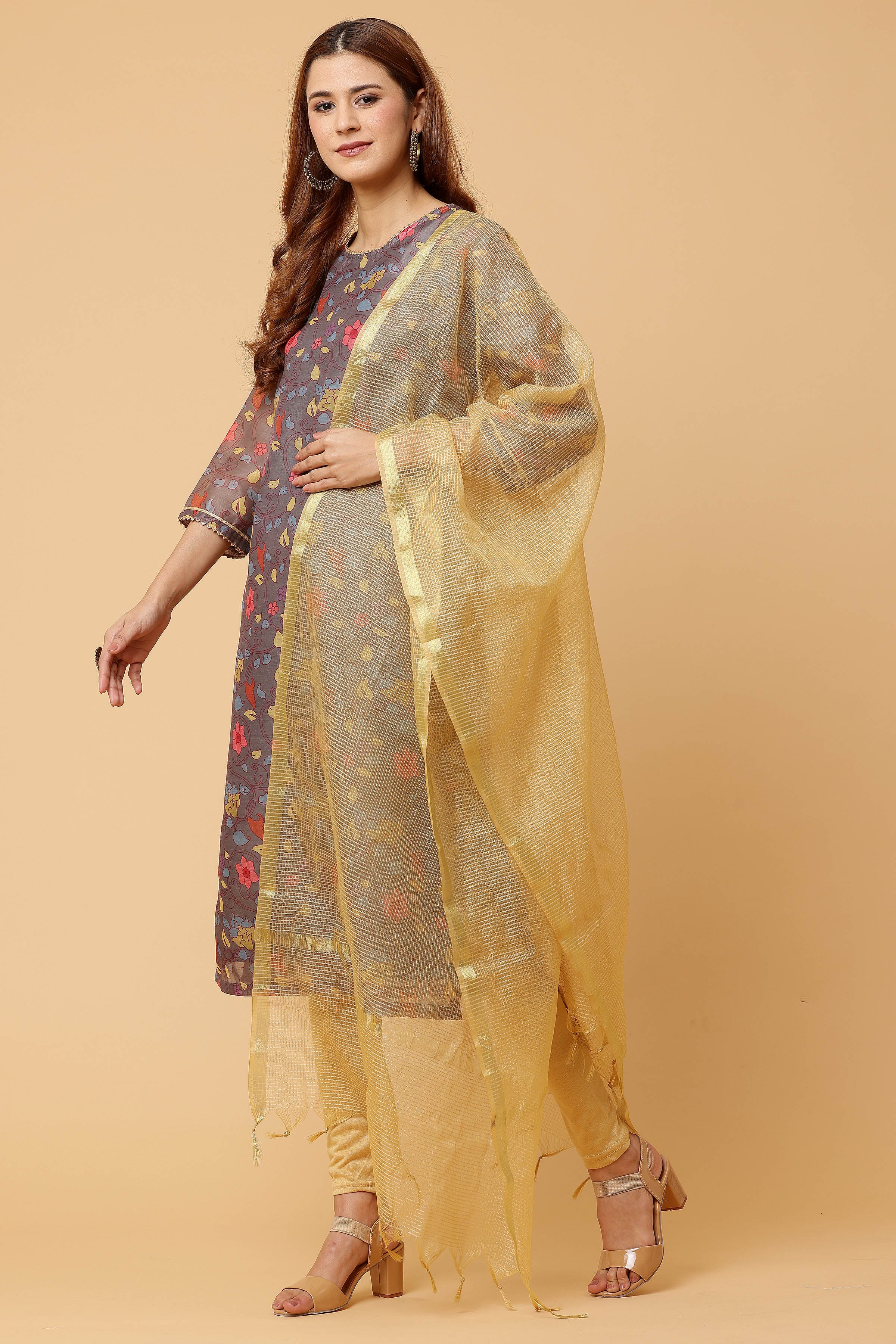 Kaanchie Nanggia Grey Digital Printed Kurta Legging with Dupatta (Set of 3)