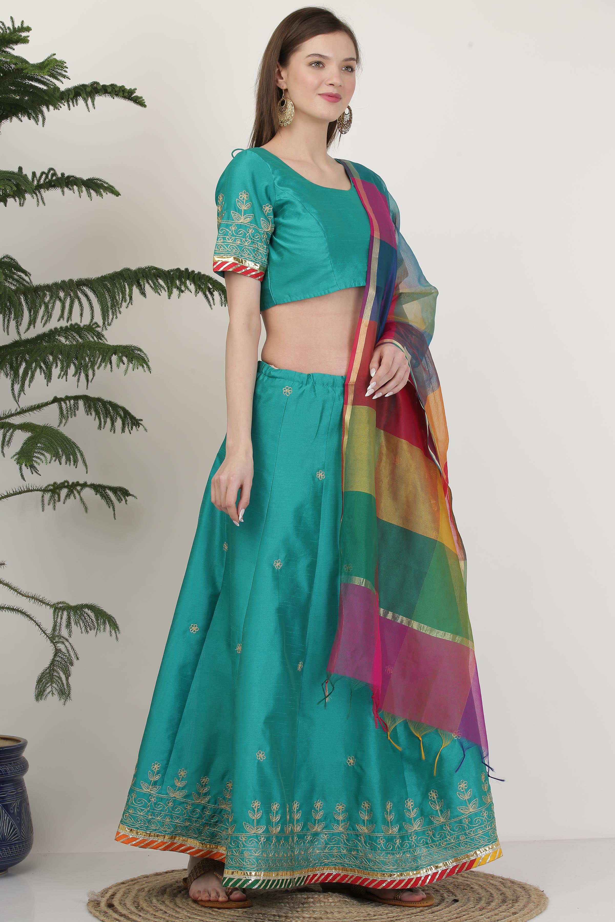 Kaanchie Nanggia Turquoise Blue Embroidered Ready to Wear Lehenga & Blouse With Dupatta (Set of 3)