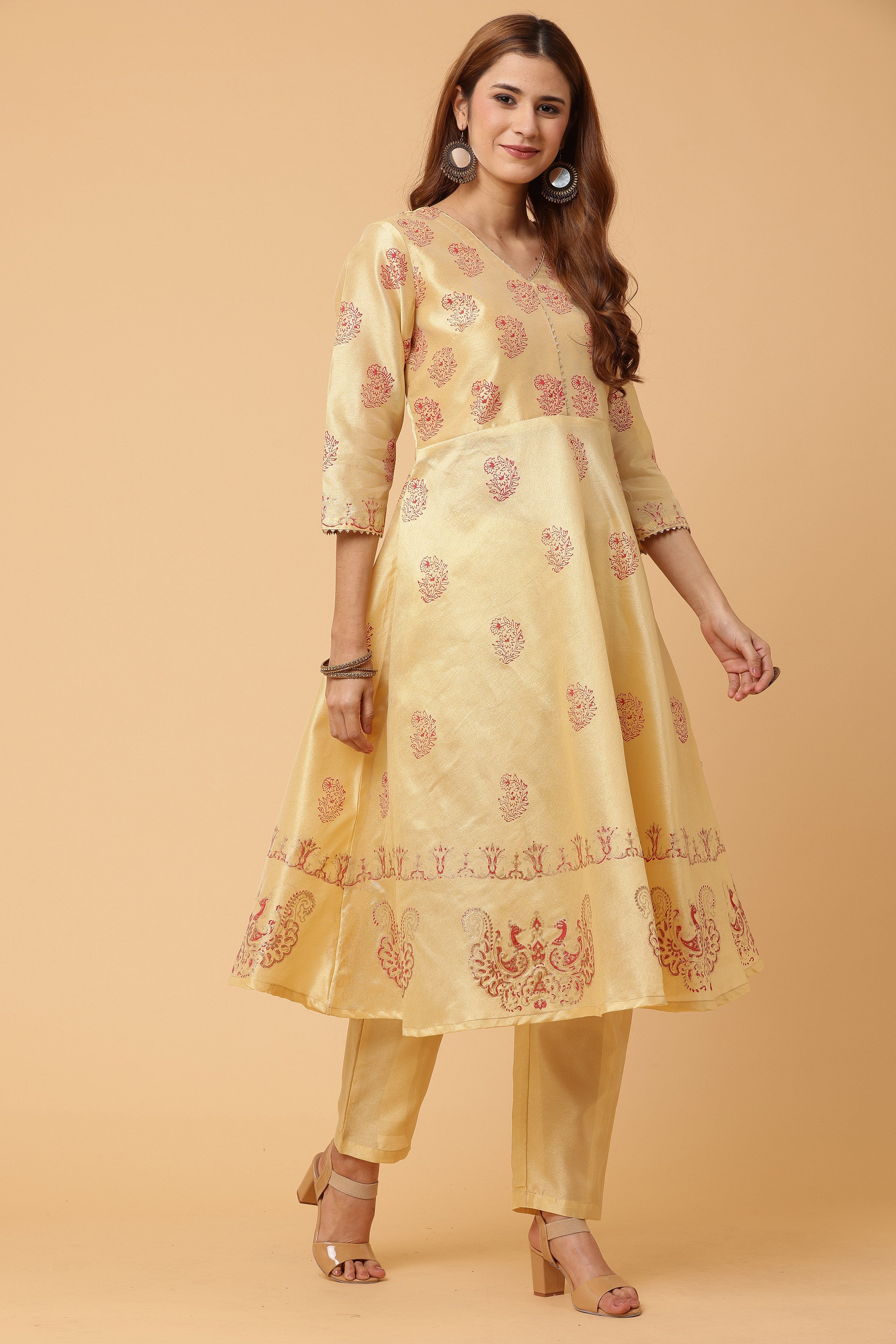 Kaanchie Nanggia Beige Flared Printed Kurta with Pant (Set of 2)