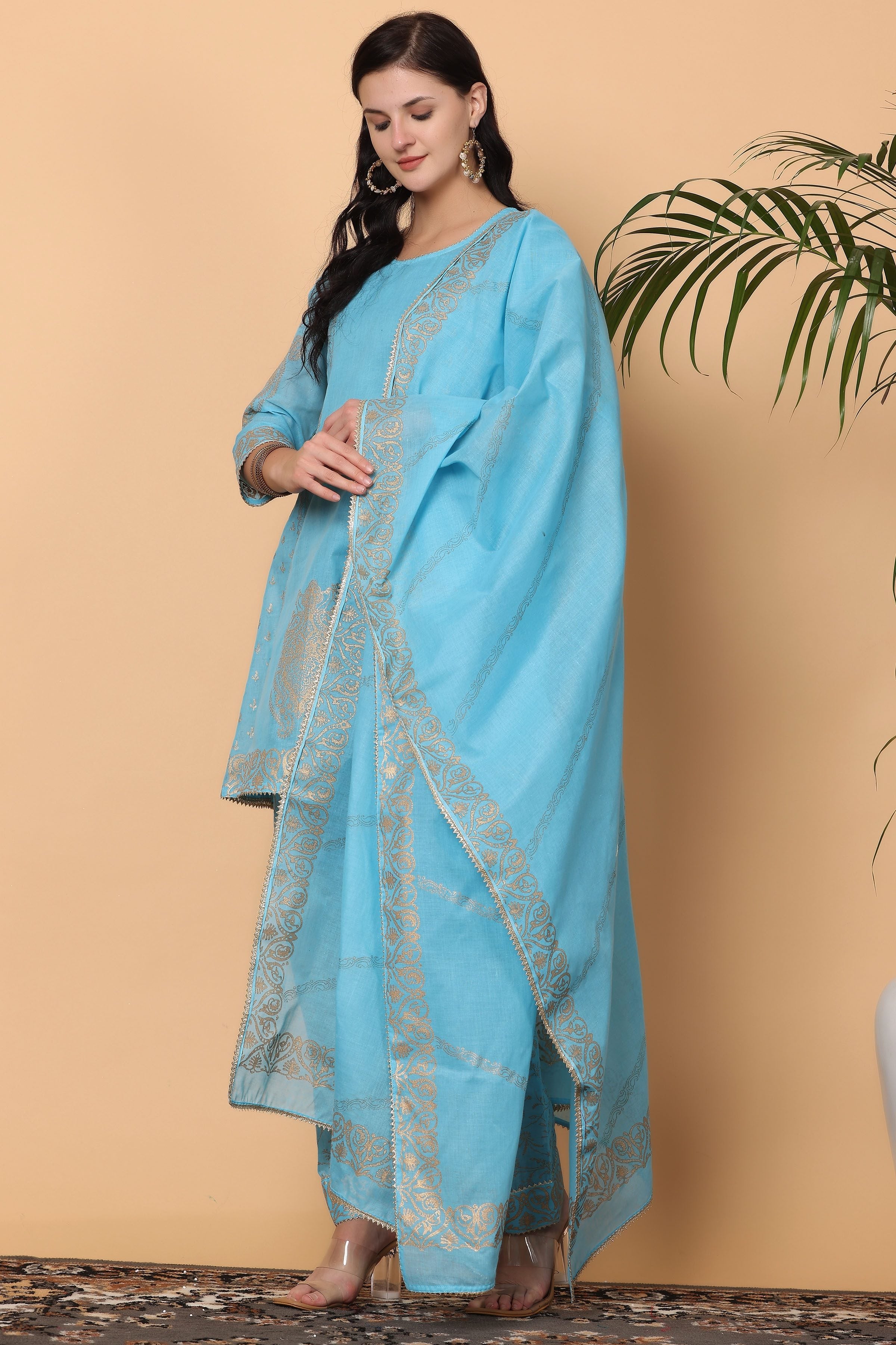 Kaanchie Nanggia Turquoise Printed Kurta Dupatta and Salwar (Set of 3)