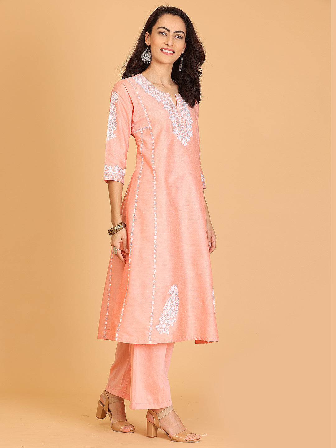 Kaanchie Nanggia Peach Embroidered Cotton Silk Flayred Kurta and Palazzo (Set of 2)