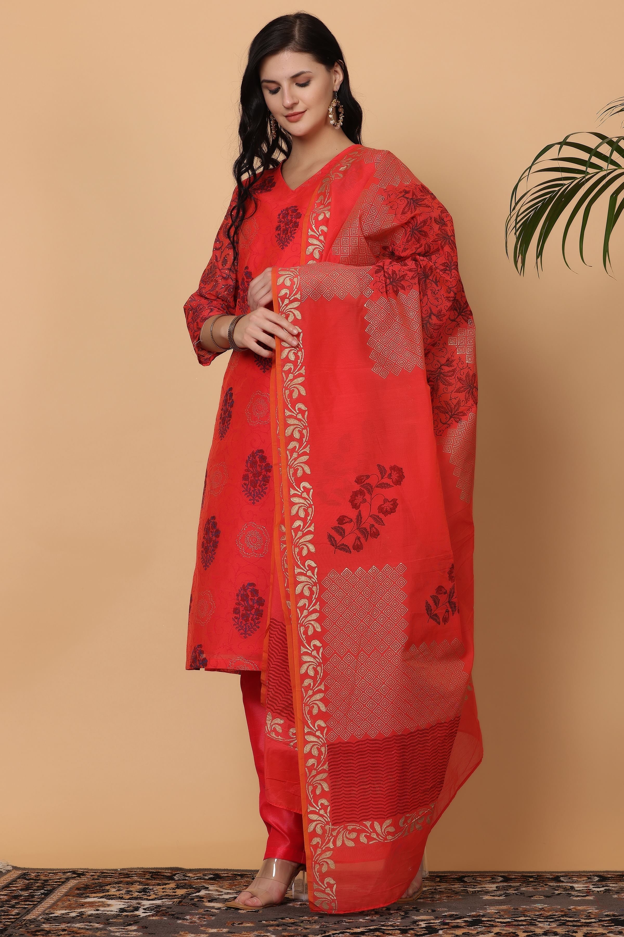 Kaanchie Nanggia Red Chanderi Printed Kurta Dupatta with Pants (Set of 3)