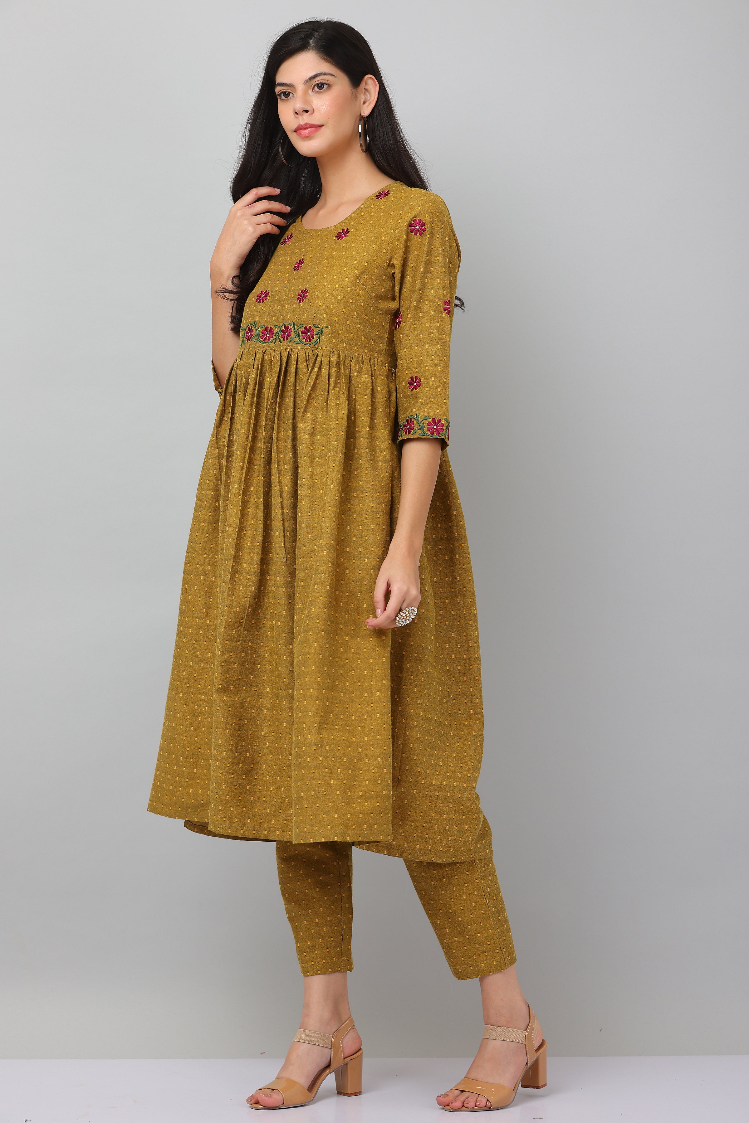 Kaanchie Nanggia Mustard Flared Kurta & Pants (Set of 2)