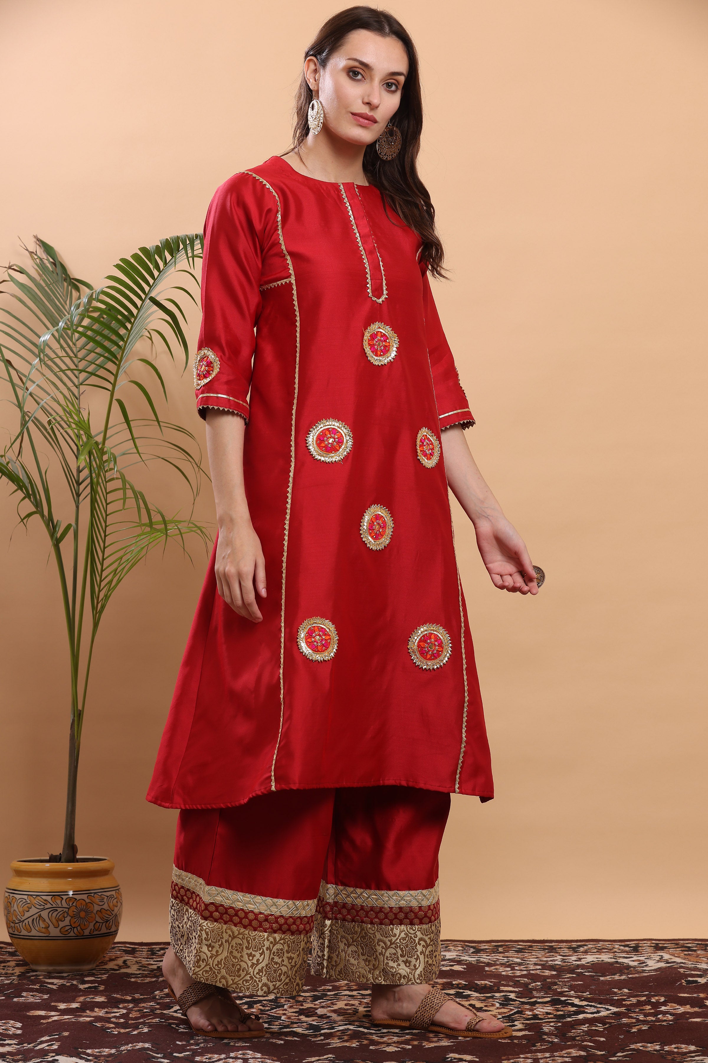 Kaanchie Nanggia Red Flayred Gota Work Kurta Palazzo (Set of 2)