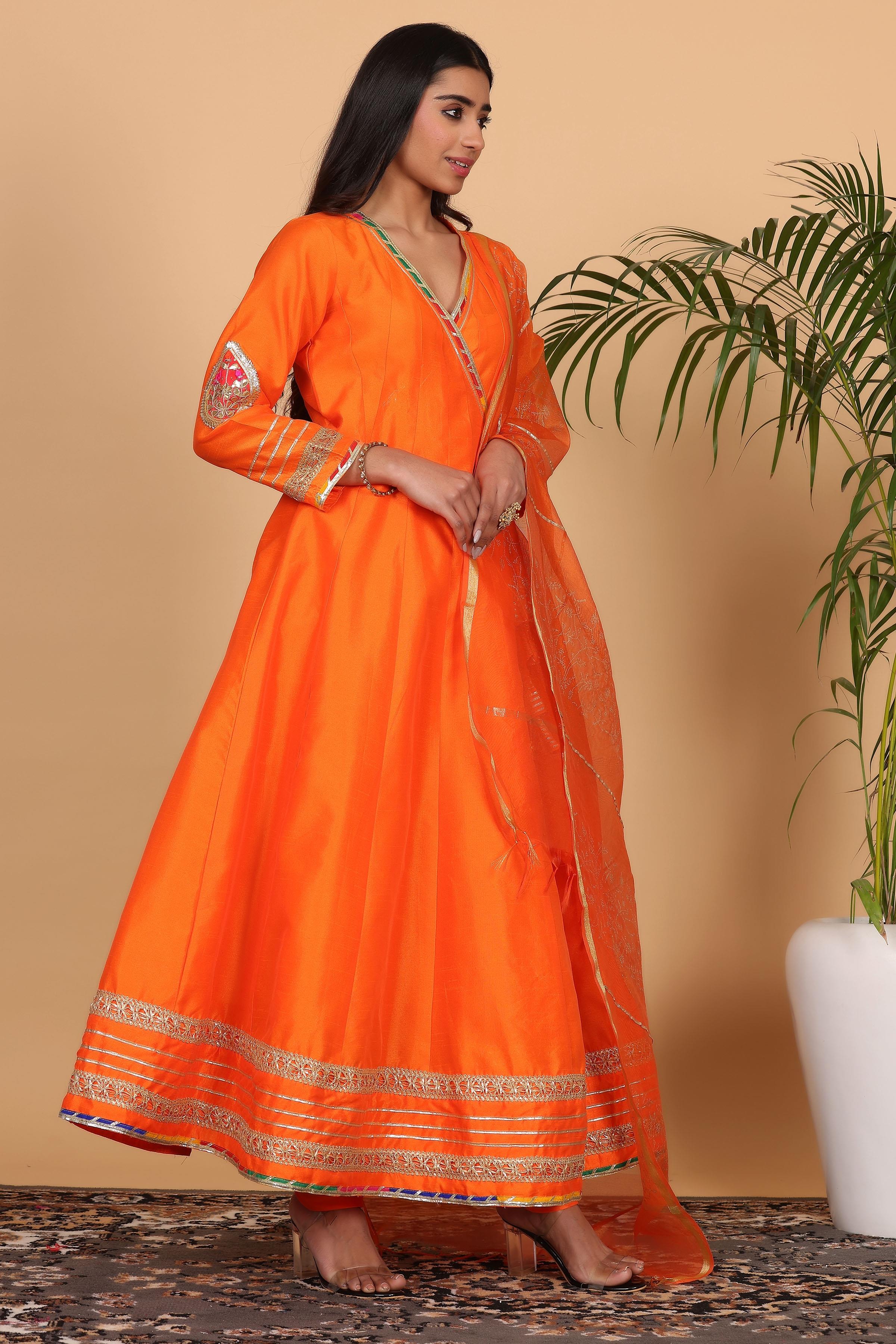 Kaanchie Nanggia Orange Silk Gota Work Anarkali Printed Dupatta with Churidar (Set of 3)