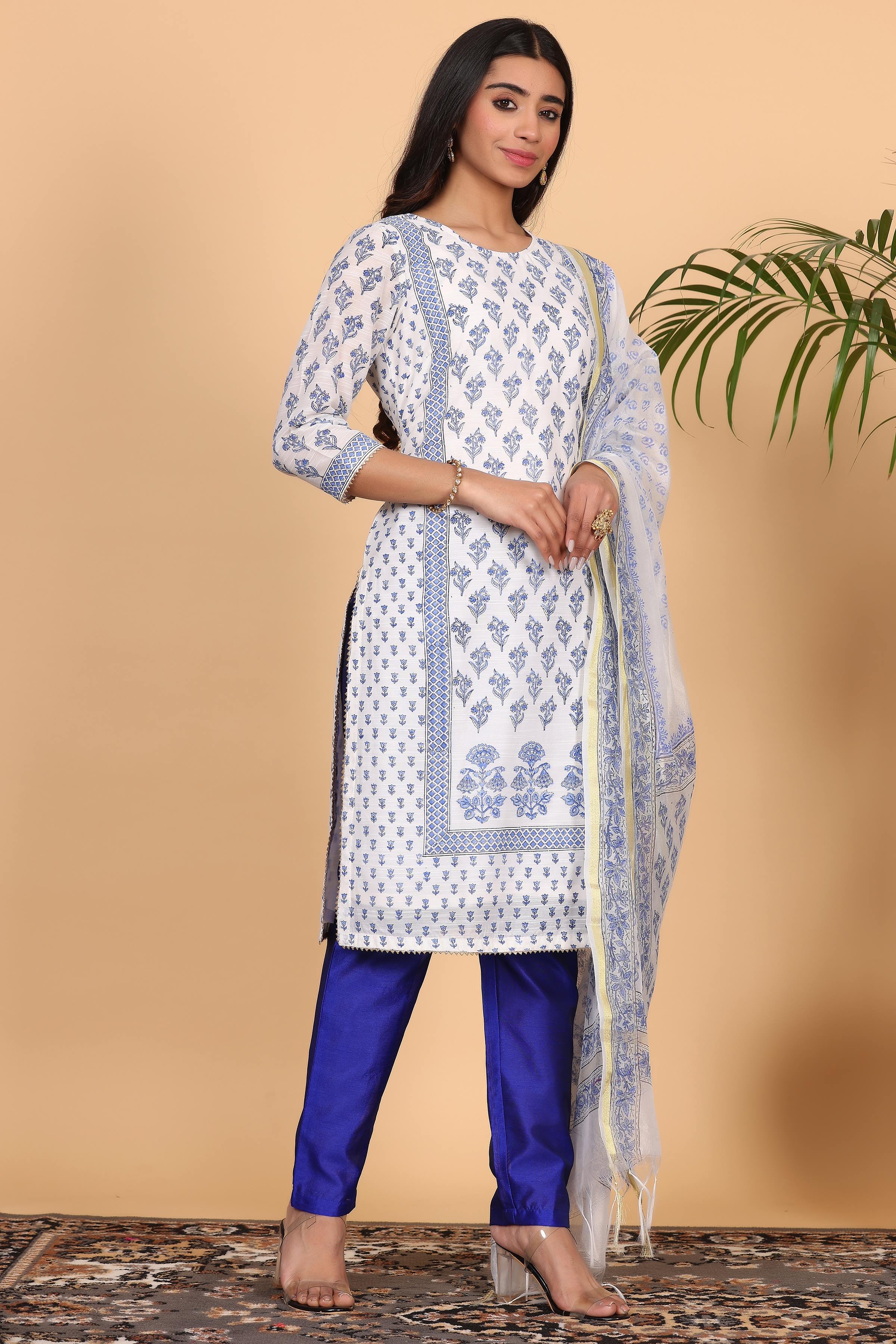 Kaanchie Nanggia Blue Cotton Printed Kurta Dupatta with Pants (Set of 3)