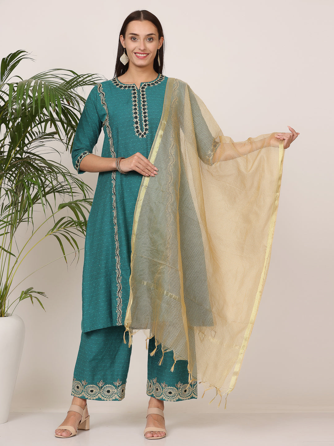 Kaanchie Nanggia Dark Green Pure Silk Embroidered Flayed Kurta Palazzo with Dupatta (Set of 3)