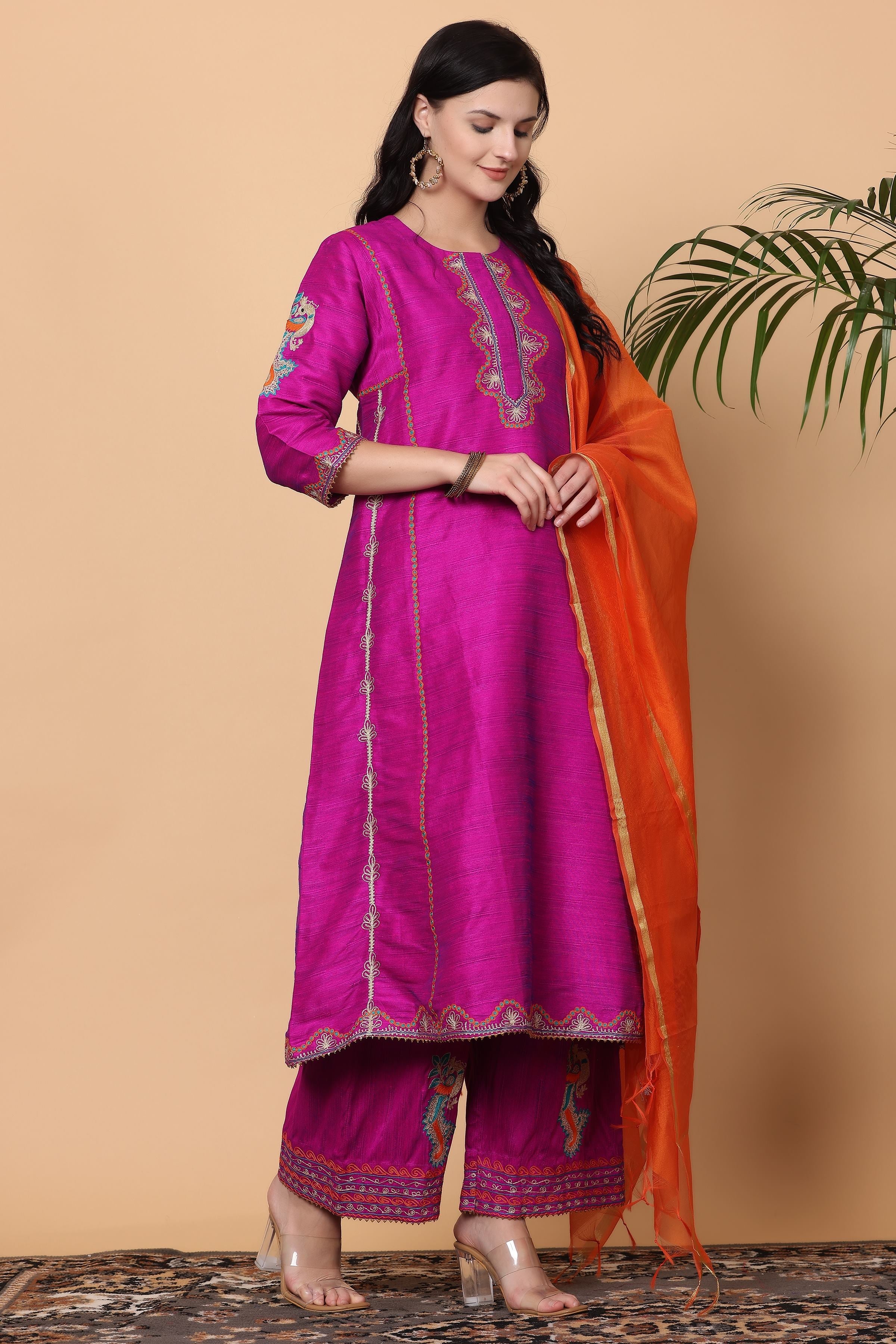 Kaanchie Nanggia Pink Embroidered Kurta Palazzo with Orange Dupatta (Set of 3)