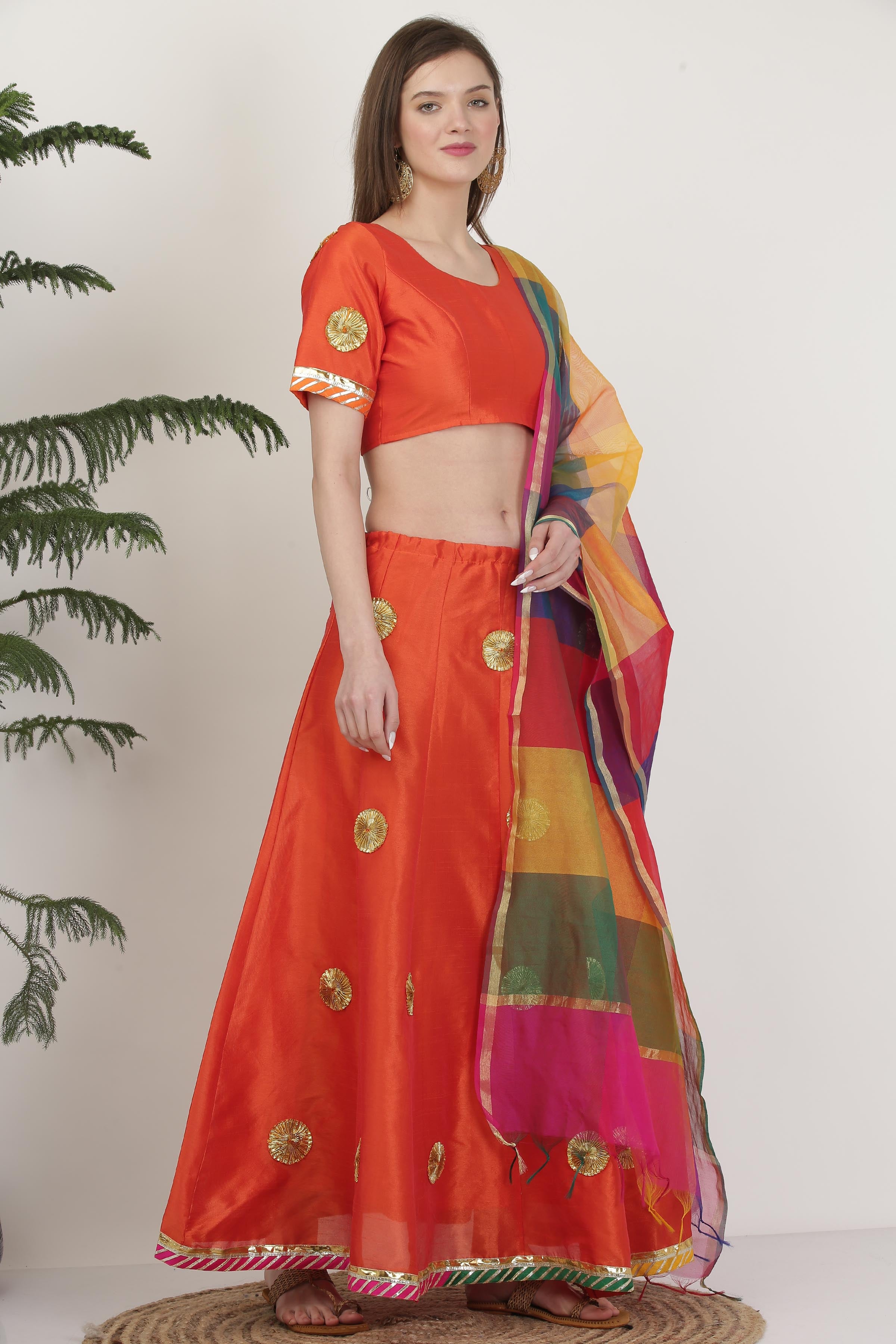 Kaanchie Nanggia Round Neck Silk Ready to Wear Lehenga & Blouse With Dupatta (Set of 3)