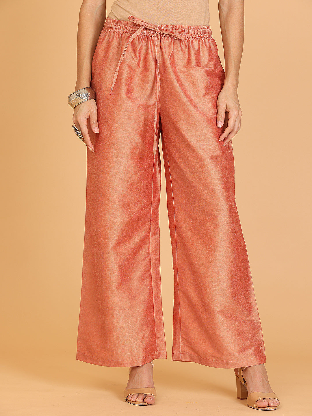 Kaanchie Nanggia Dusty Peach Embroidered Cotton Silk Flayred Kurta and Palazzo (Set of 2)