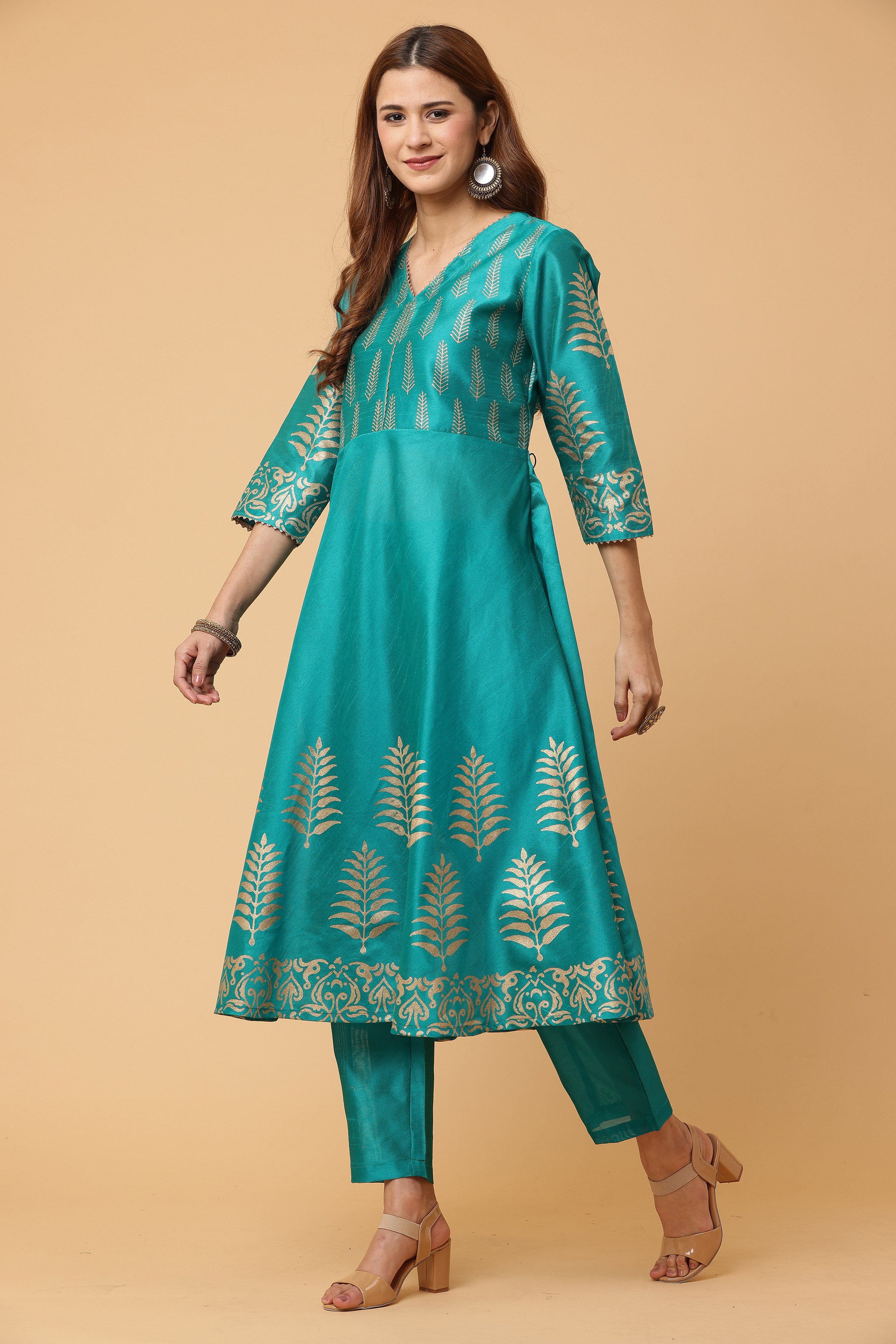 Kaanchie Nanggia Teal Green Flared Printed Kurta with Pant (Set of 2)